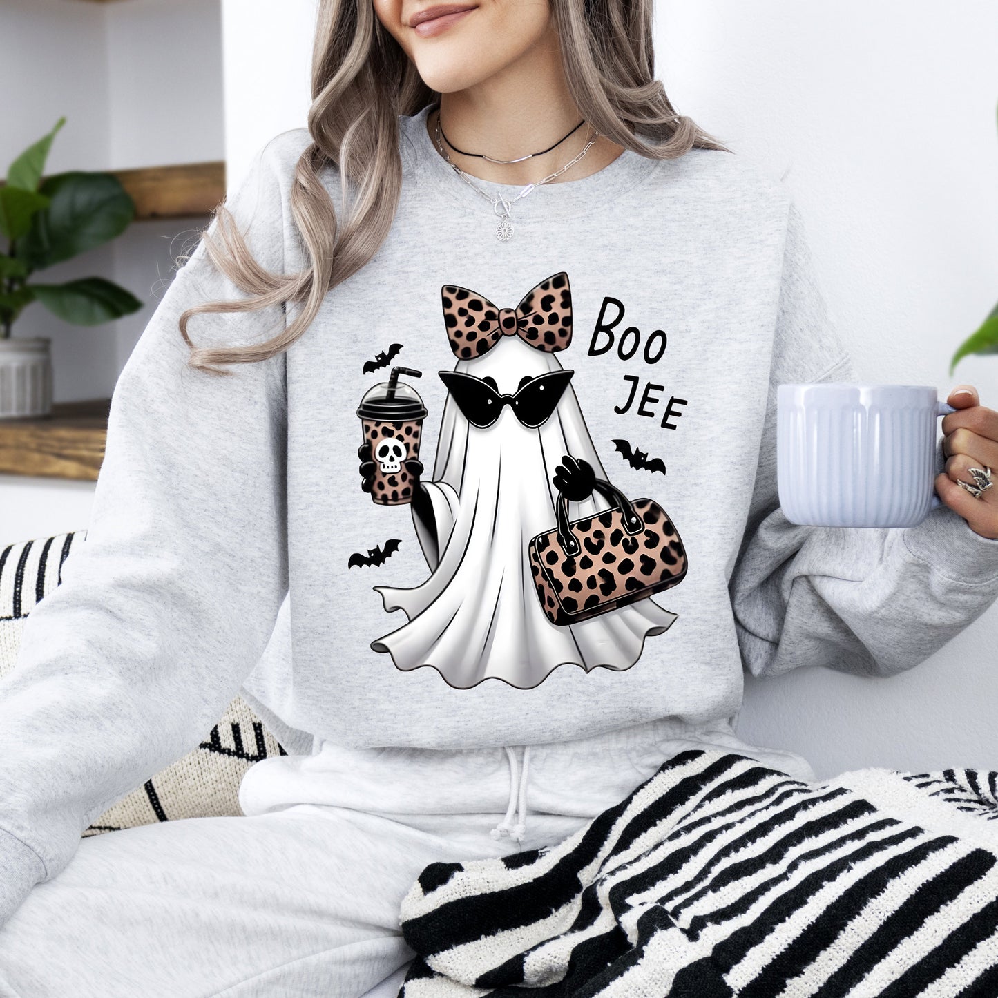 Ash gray Fancy Boujee Ghost, Halloween, Bow, Coquette, Western, Vintage, Pumpkin, Retro, Spooky, Costume, Fall, Graphic Sweatshirt