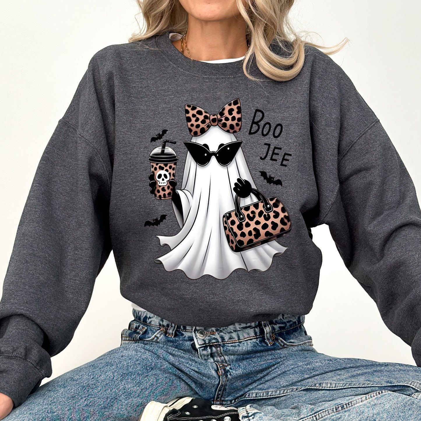 Fancy Boujee Ghost, Halloween, Bow, Coquette, Western, Vintage, Pumpkin, Retro, Spooky, Costume, Fall, Graphic Sweatshirt