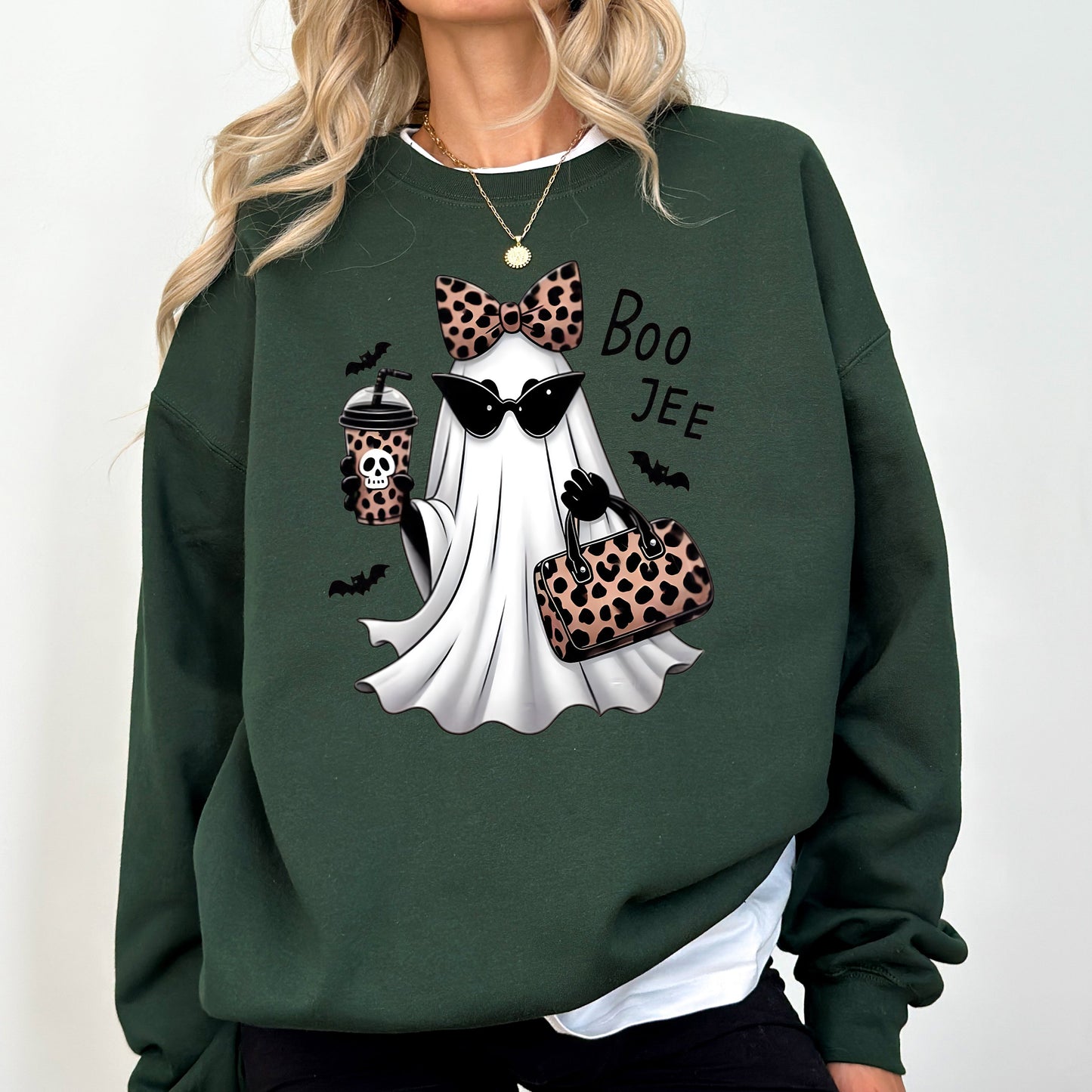 Forest dark green Fancy Boujee Ghost, Halloween, Bow, Coquette, Western, Vintage, Pumpkin, Retro, Spooky, Costume, Fall, Graphic Sweatshirt