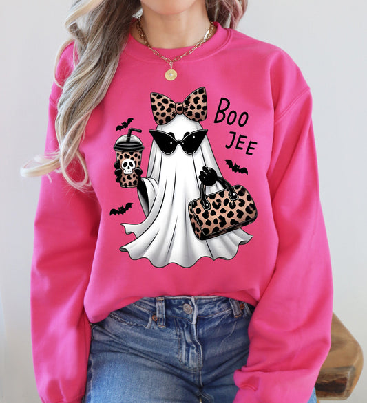 Hot pink Fancy Boujee Ghost, Halloween, Bow, Coquette, Western, Vintage, Pumpkin, Retro, Spooky, Costume, Fall, Graphic Sweatshirt