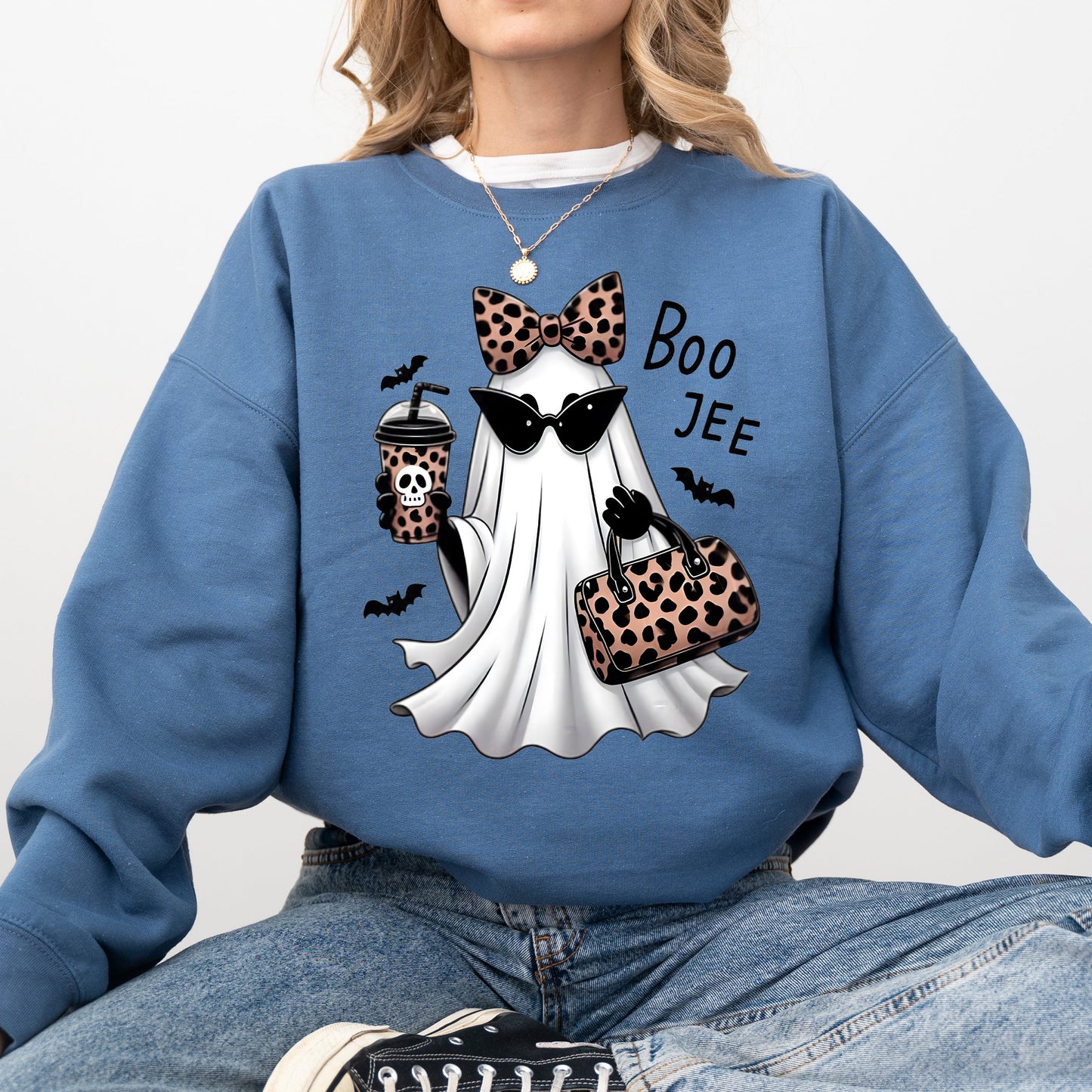 Indigo blue Fancy Boujee Ghost, Halloween, Bow, Coquette, Western, Vintage, Pumpkin, Retro, Spooky, Costume, Fall, Graphic Sweatshirt