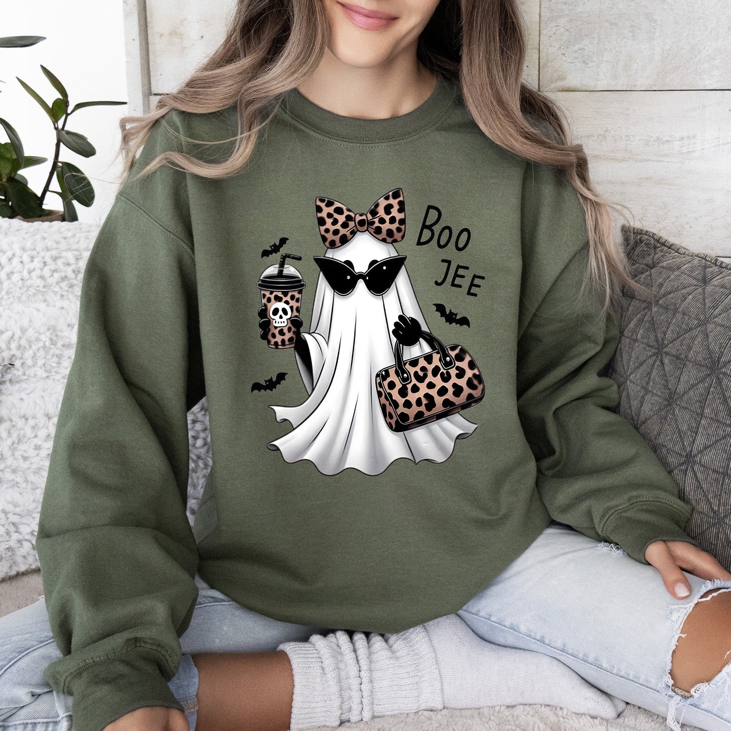 Military green Fancy Boujee Ghost, Halloween, Bow, Coquette, Western, Vintage, Pumpkin, Retro, Spooky, Costume, Fall, Graphic Sweatshirt
