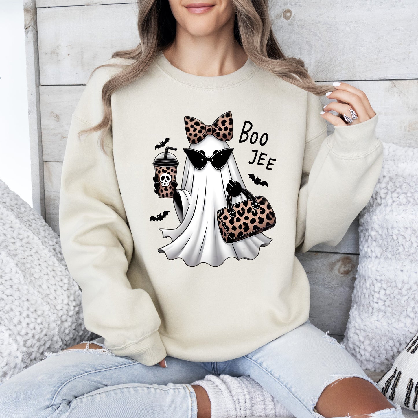 Sand Fancy Boujee Ghost, Halloween, Bow, Coquette, Western, Vintage, Pumpkin, Retro, Spooky, Costume, Fall, Graphic Sweatshirt