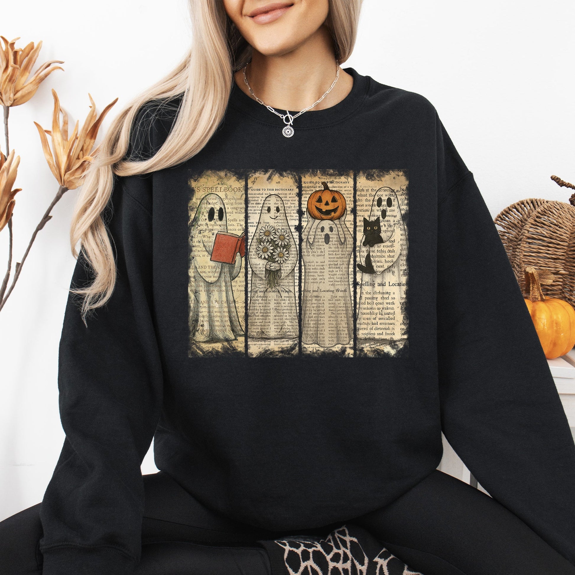 Black Vintage Newspaper Ghost, Halloween, Book, Cat, Western, Pumpkin, Retro, Spooky, Costume, Fall, Graphic Sweatshirt