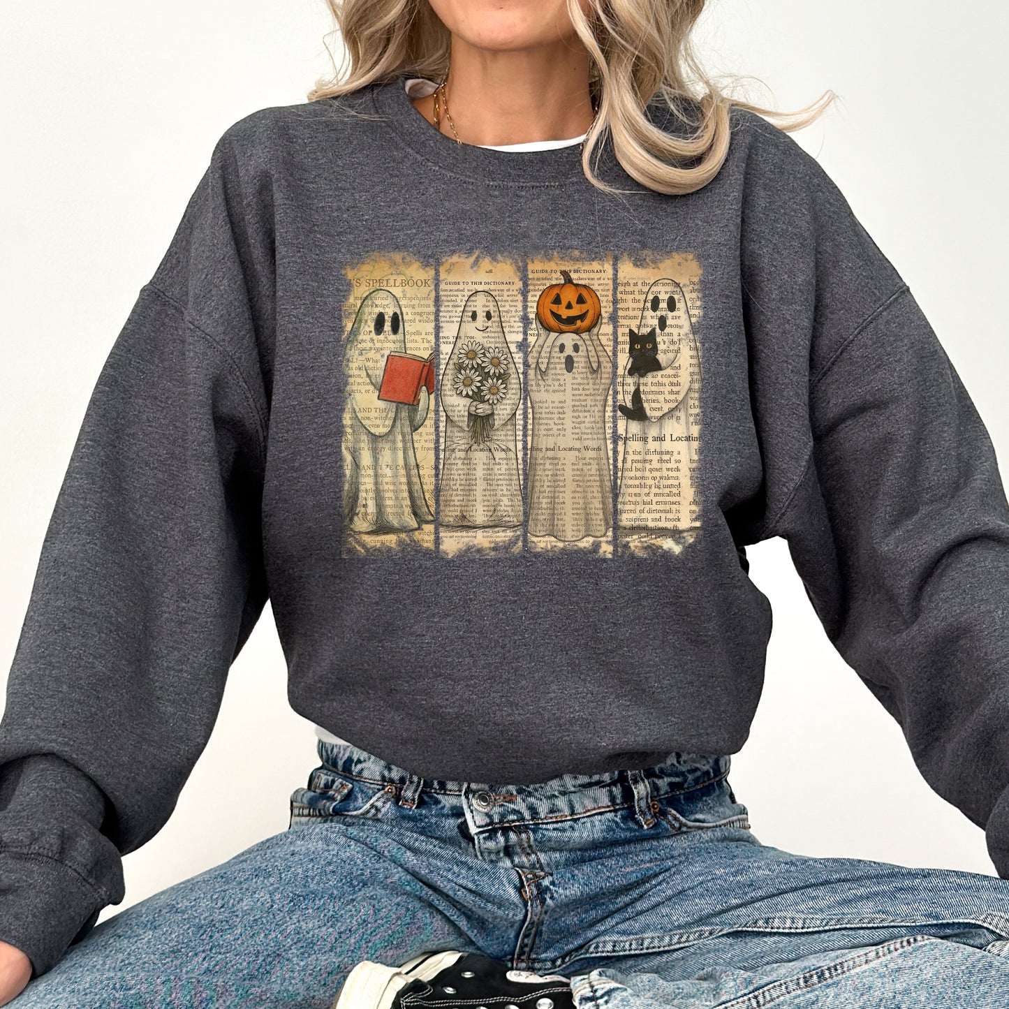 Gray Heather Vintage Newspaper Ghost, Halloween, Book, Cat, Western, Pumpkin, Retro, Spooky, Costume, Fall, Graphic Sweatshirt