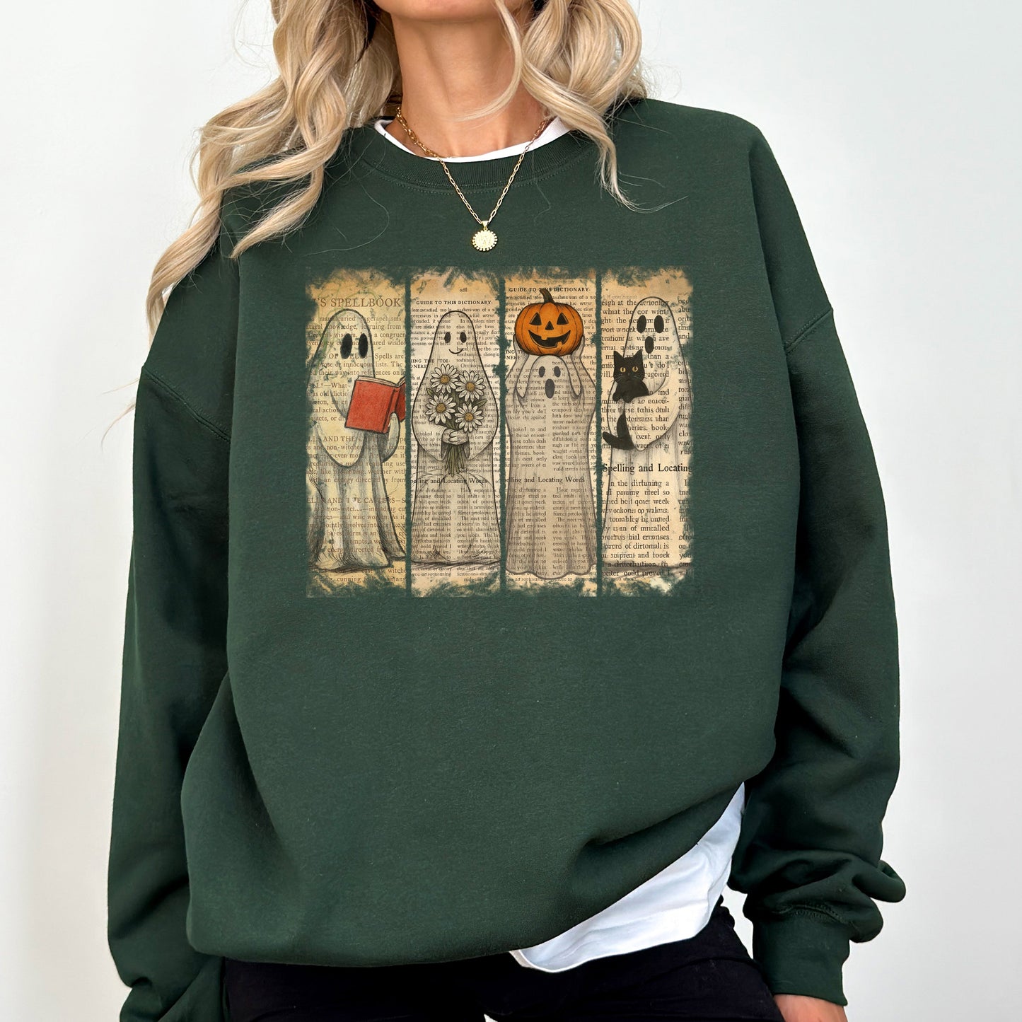 Forest dark green Vintage Newspaper Ghost, Halloween, Book, Cat, Western, Pumpkin, Retro, Spooky, Costume, Fall, Graphic Sweatshirt