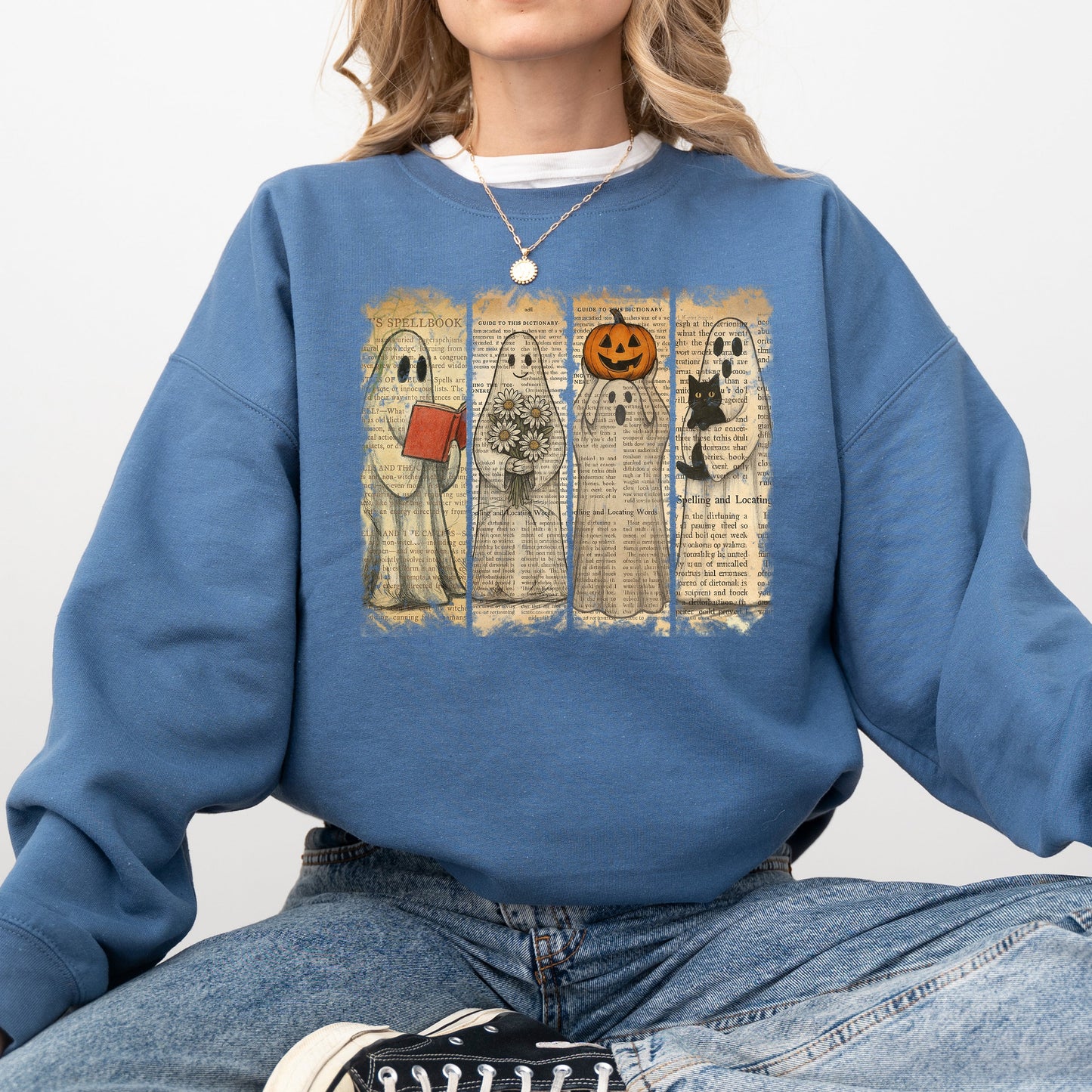 Indigo blue Vintage Newspaper Ghost, Halloween, Book, Cat, Western, Pumpkin, Retro, Spooky, Costume, Fall, Graphic Sweatshirt