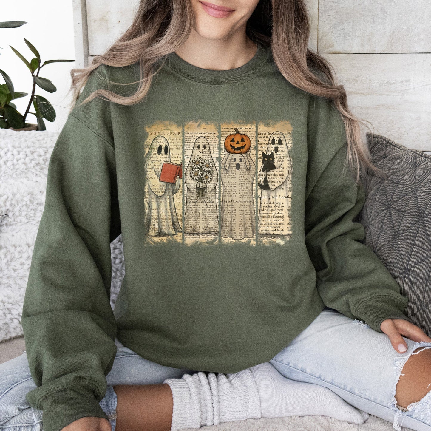 Military green Vintage Newspaper Ghost, Halloween, Book, Cat, Western, Pumpkin, Retro, Spooky, Costume, Fall, Graphic Sweatshirt
