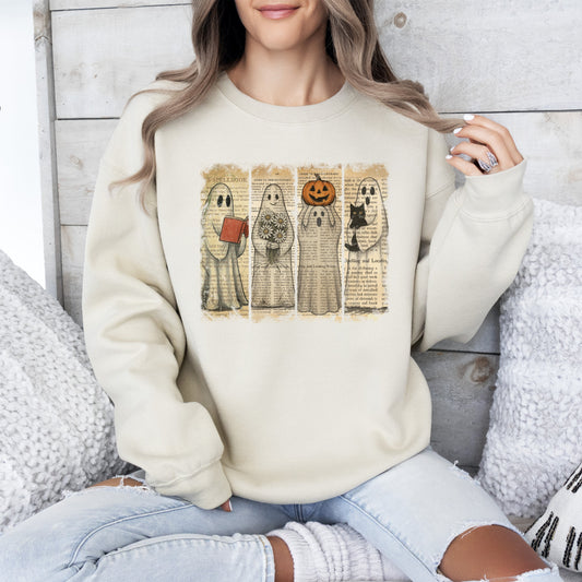 Sand Vintage Newspaper Ghost, Halloween, Book, Cat, Western, Pumpkin, Retro, Spooky, Costume, Fall, Graphic Sweatshirt