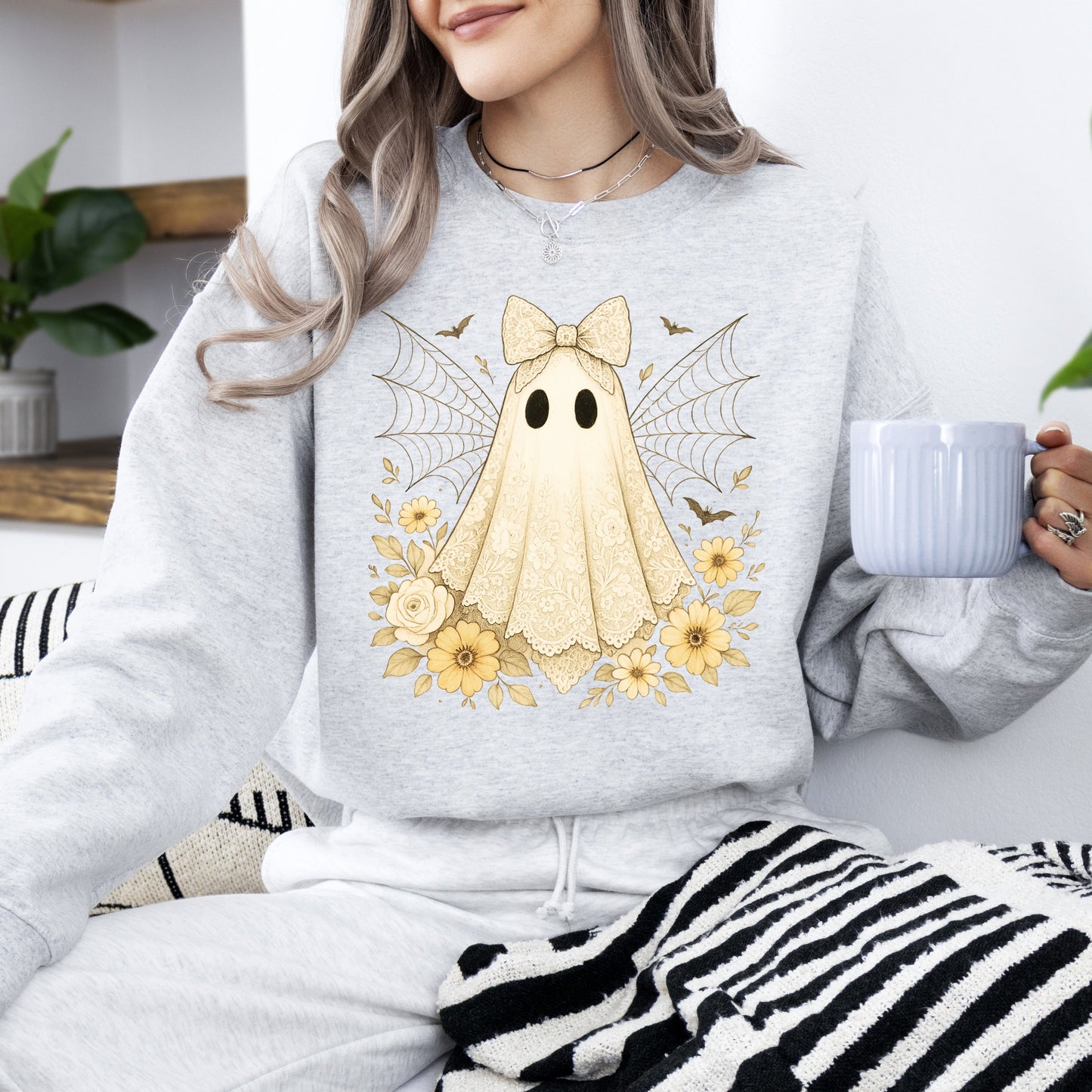 Vintage Ghost, Lace, Floral, Spider Web, Halloween, Pumpkin, Retro, Spooky, Costume, Fall, Graphic Sweatshirt