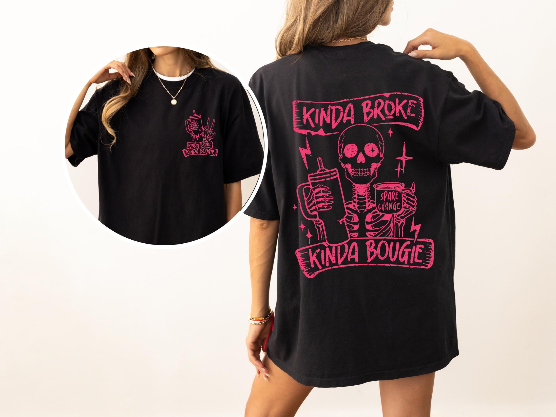 Kinda Broke, Kinda Bougie, Pink Skeleton, Drinking, Water Container, Sassy, Funny, Tshirt Comfort Colors T-Shirt