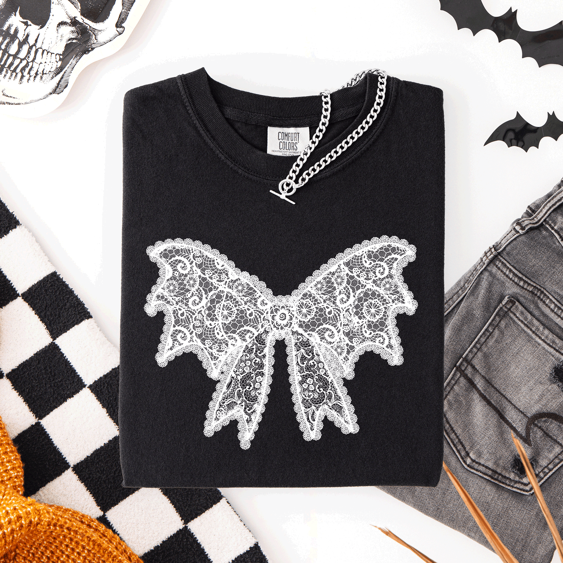 Black Lace Bow, Halloween, Goth, Faux Lace, Ribbon, Coquette, Comfort Colors T-Shirt