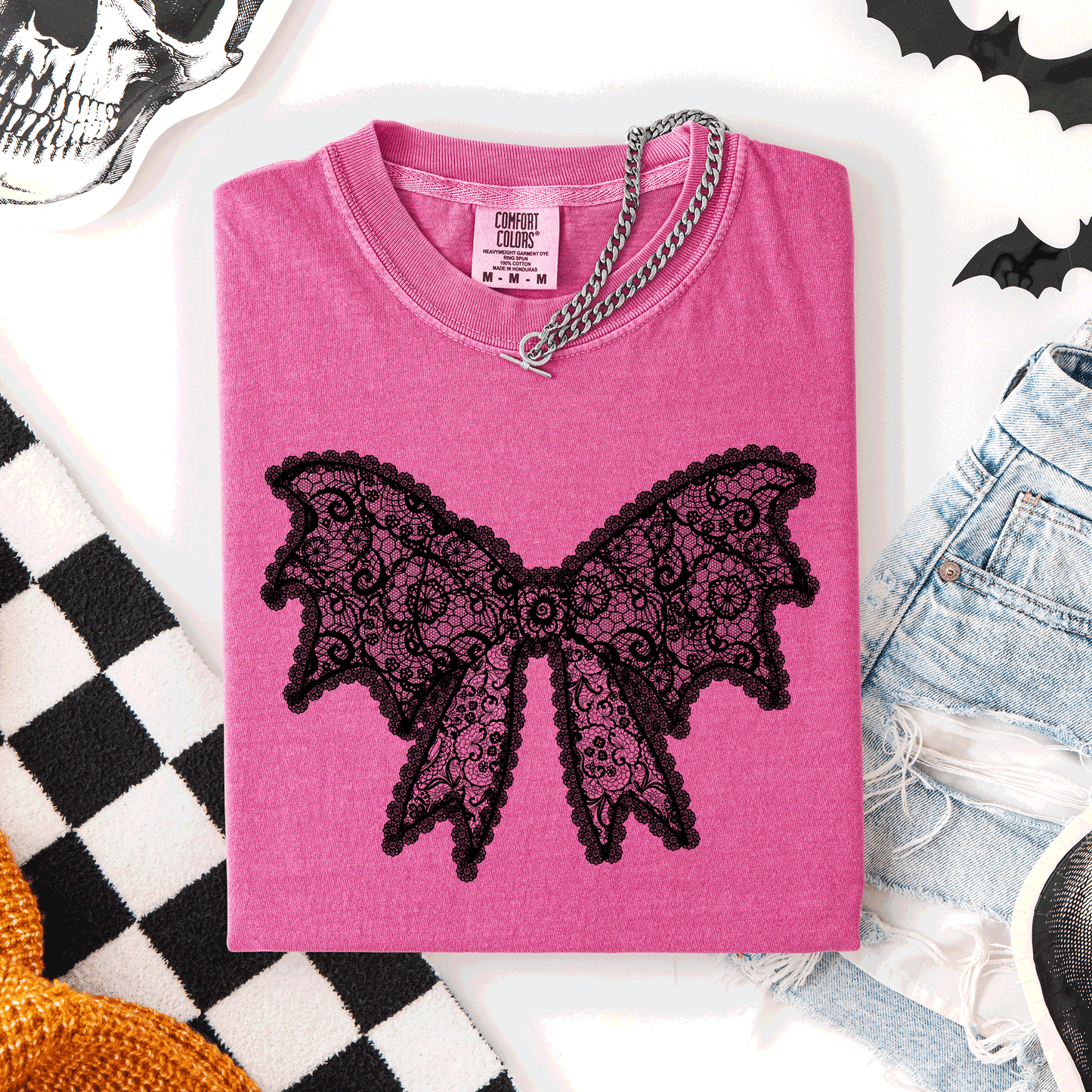 Pink Lace Bow, Halloween, Goth, Faux Lace, Ribbon, Coquette, Comfort Colors T-Shirt