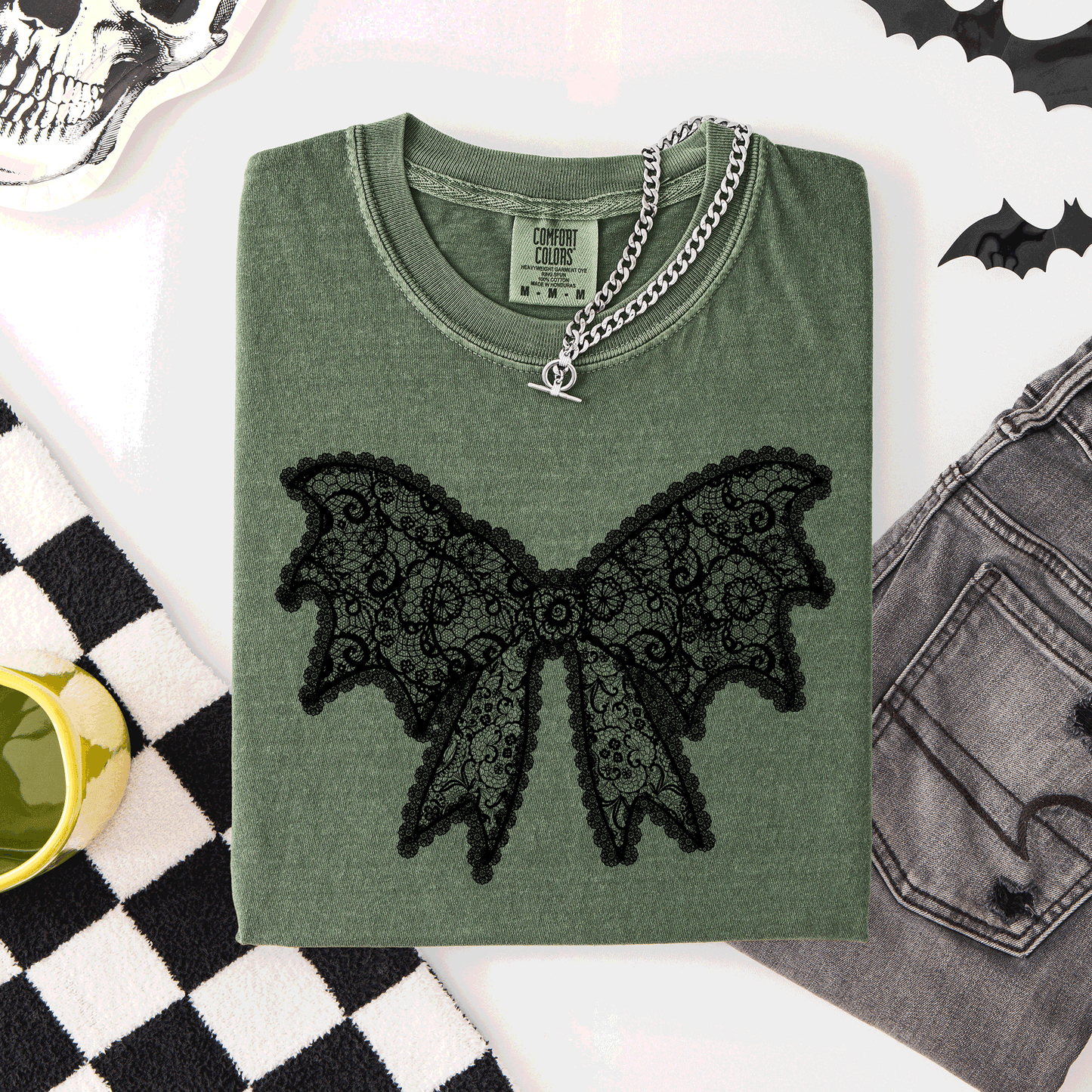 Green Lace Bow, Halloween, Goth, Faux Lace, Ribbon, Coquette, Comfort Colors T-Shirt