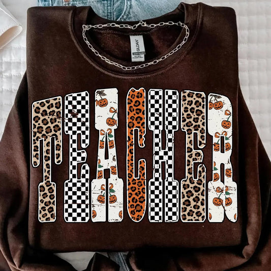 Leopard Checkered Pumpkin Teacher Tee or Sweatshirt