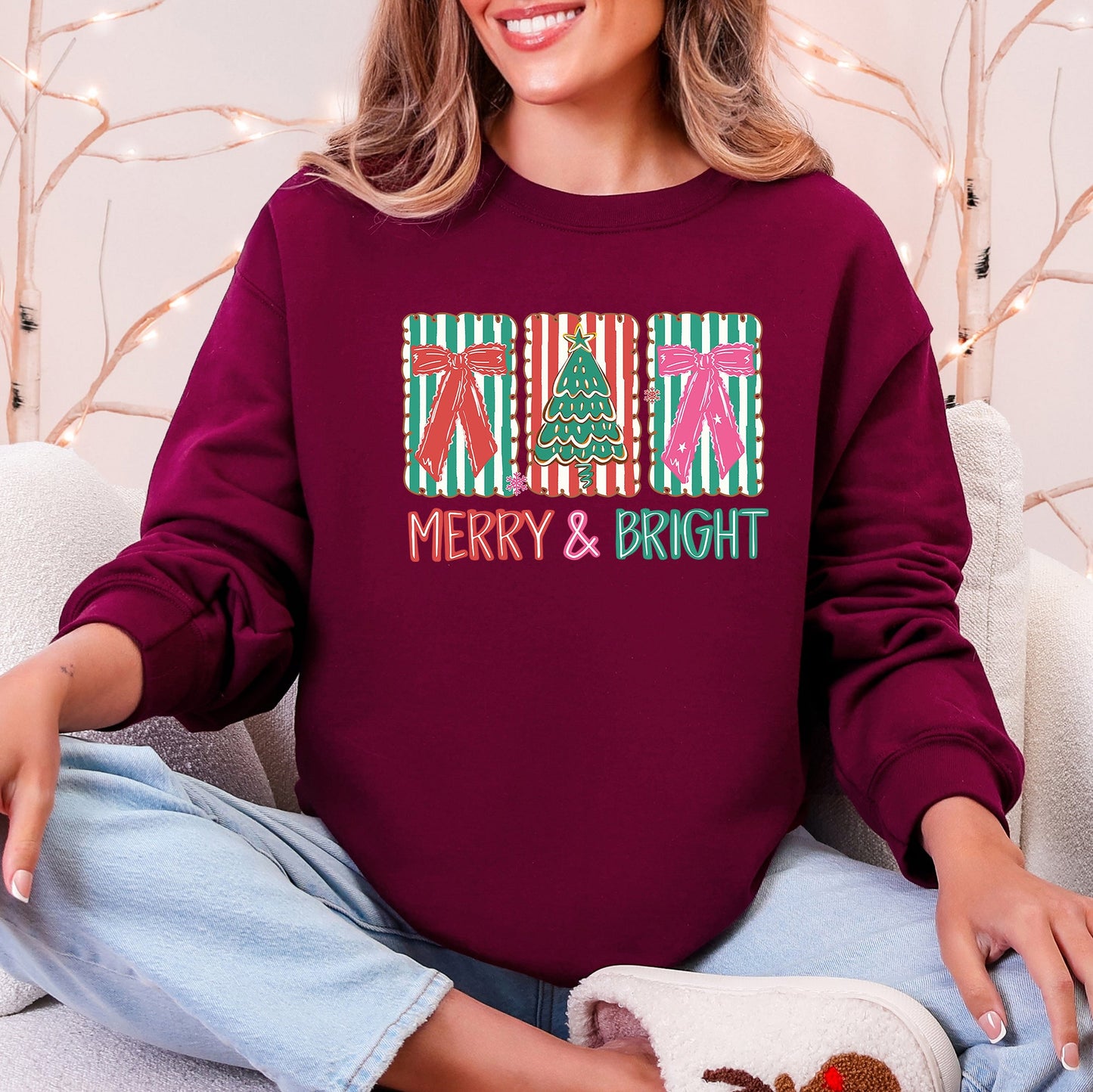 Merry and Bright, Pattern Blocks, Christmas Tree, Ribbon, Bows, Santa Sweatshirt