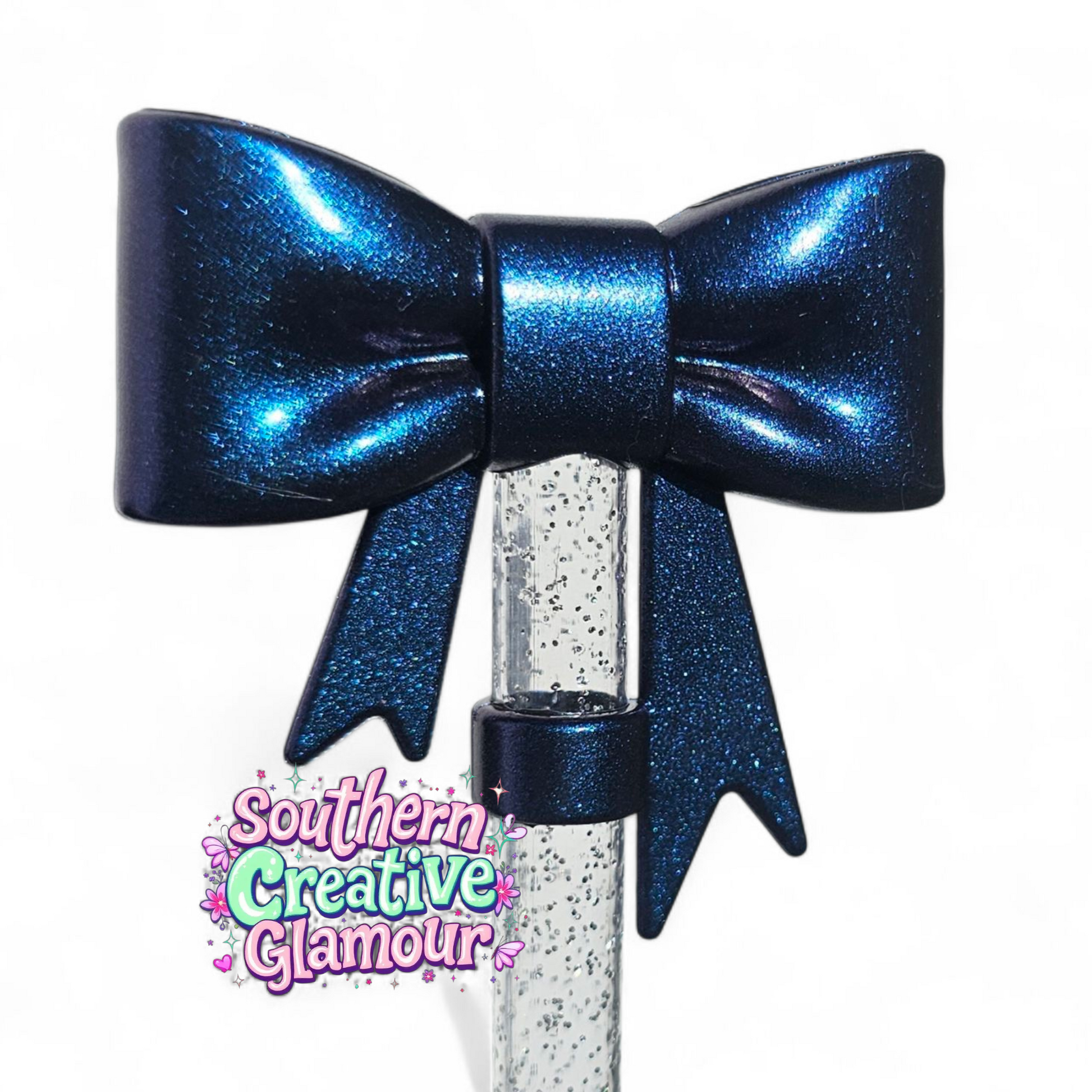 Metallic Blue Shimmer 3D Bow 10mm Silicone Straw Topper by Southern Creative Glamour 