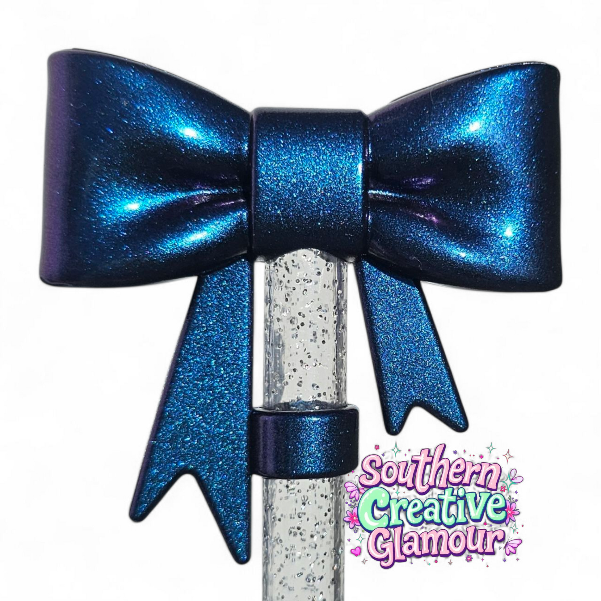 Metallic Blue Shimmer 3D Bow 10mm Silicone Straw Topper by Southern Creative Glamour 