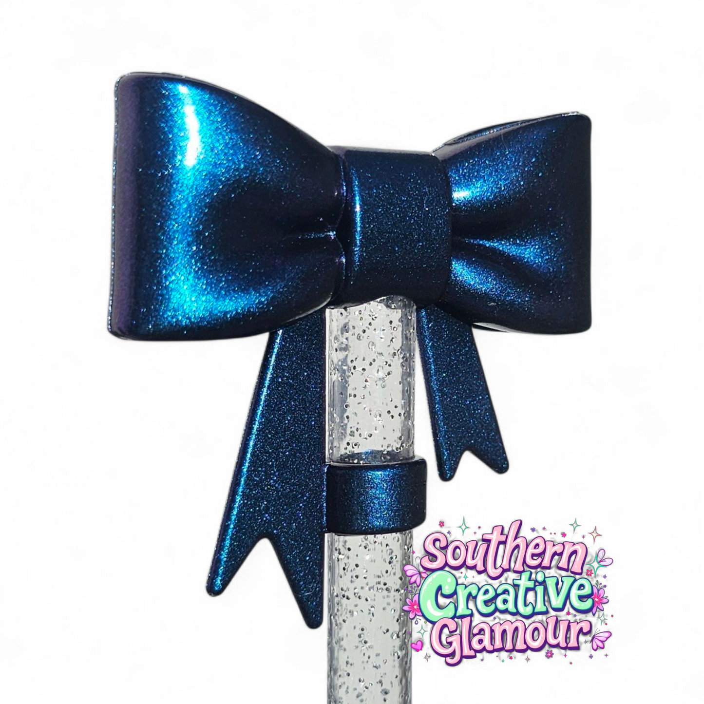 Metallic Blue Shimmer 3D Bow 10mm Silicone Straw Topper by Southern Creative Glamour 
