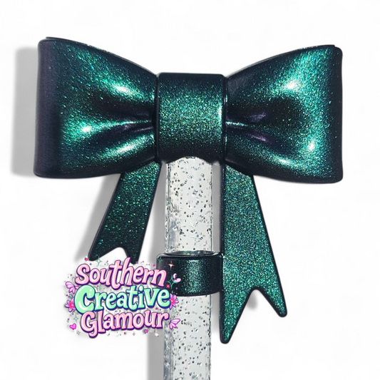 Metallic Green Shimmer 3D Bow 10mm Straw Topper by Southern Creative Glamour 