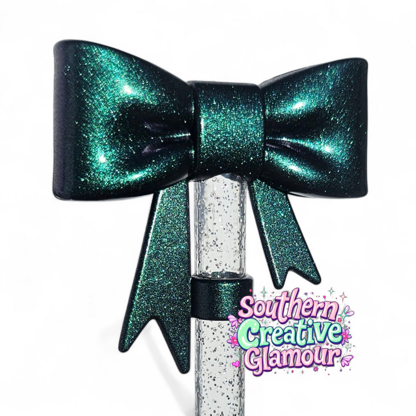 Metallic Green Shimmer 3D Bow 10mm Straw Topper by Southern Creative Glamour 