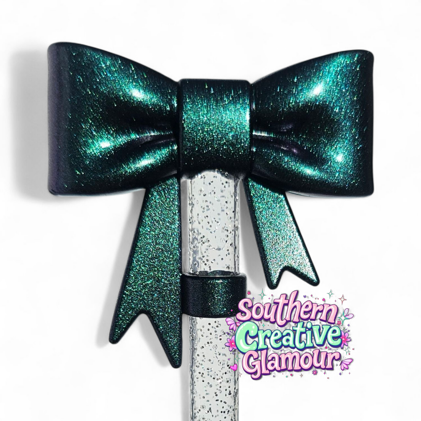 Metallic Green Shimmer 3D Bow 10mm Straw Topper by Southern Creative Glamour 