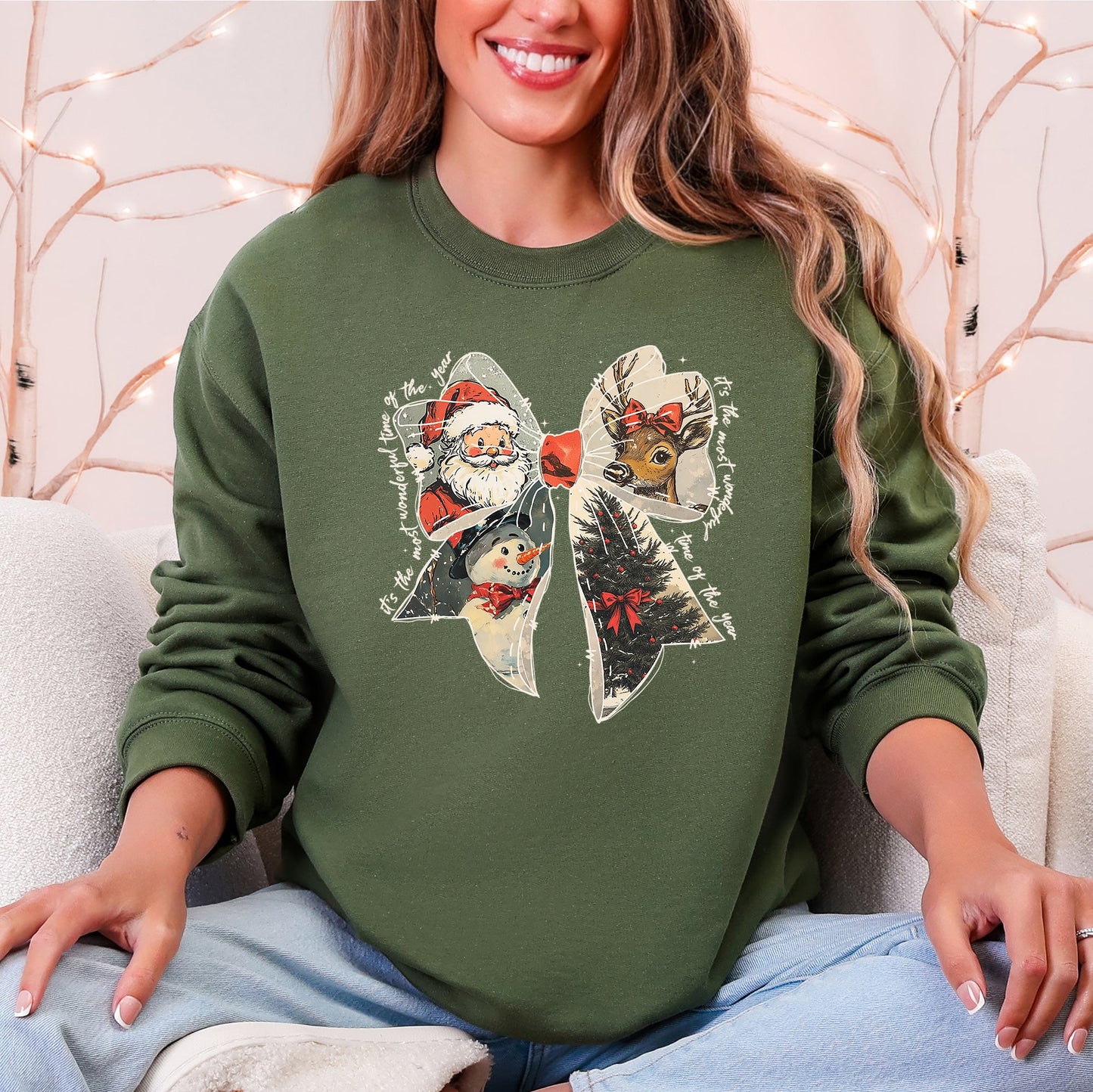 Military green It's The Most Wonderful Time Of The Year, Christmas, Santa, Snowman, Reindeer Sweatshirt