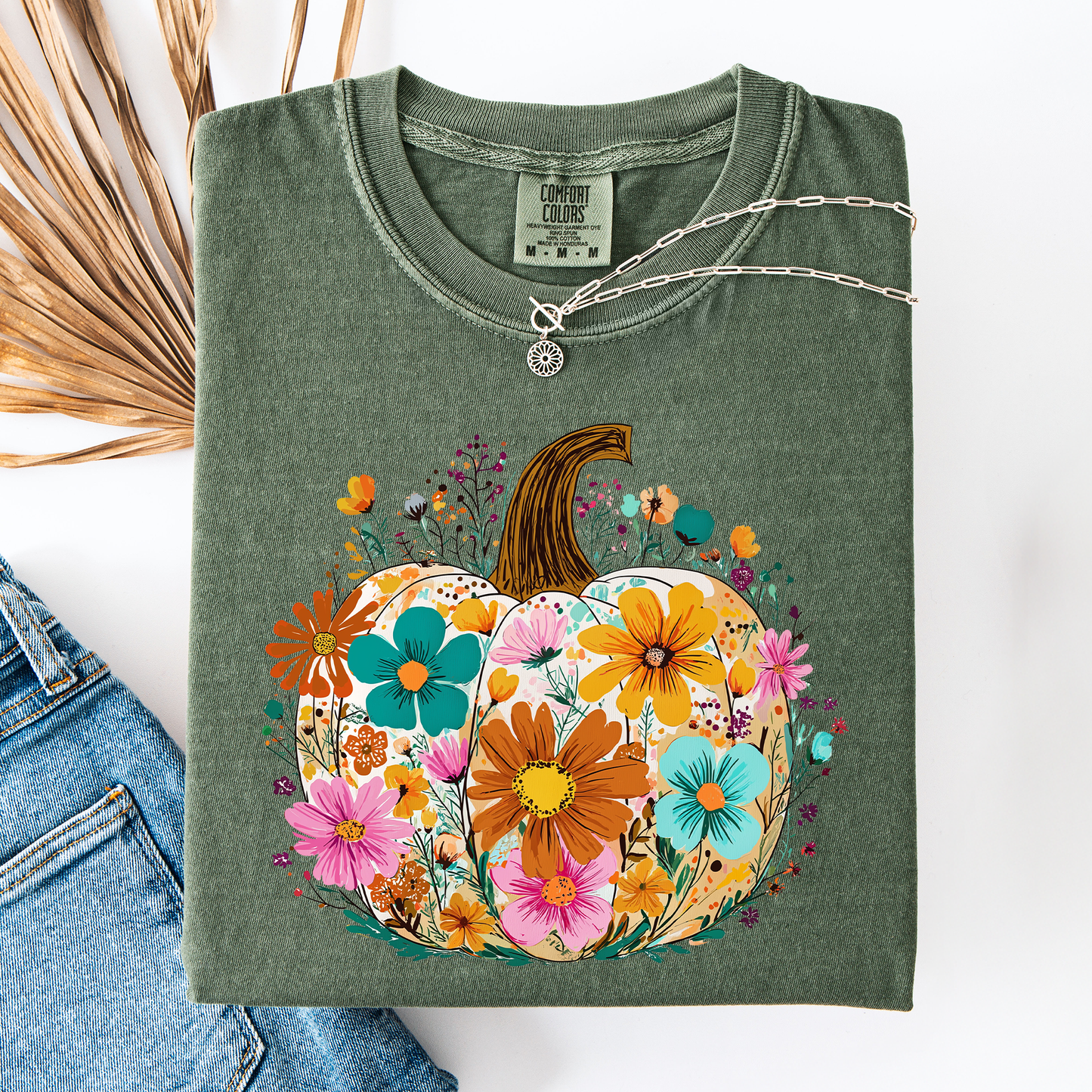 Moss green Pumpkin Floral, Halloween, Fall, Autumn, Comfort Colors T-Shirt