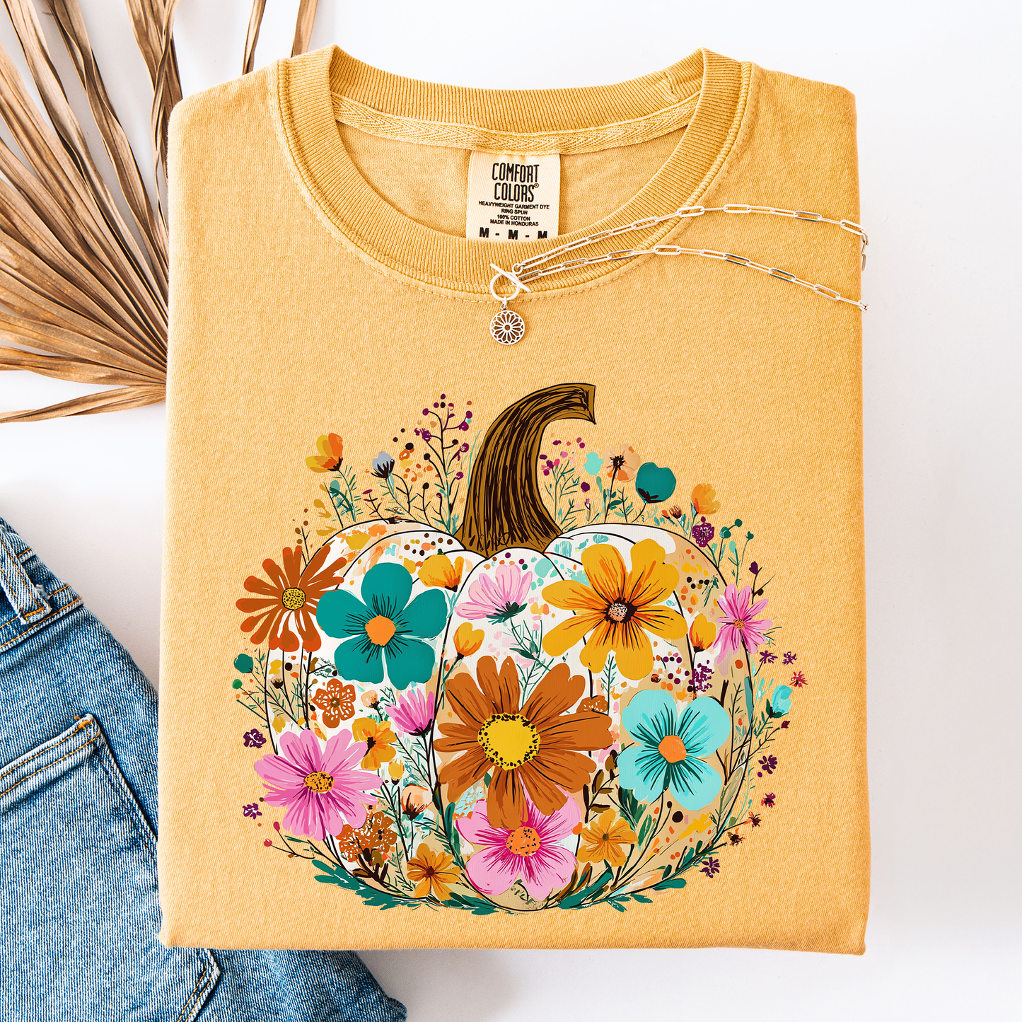 Mustard yellow Pumpkin Floral, Halloween, Fall, Autumn, Comfort Colors T-Shirt