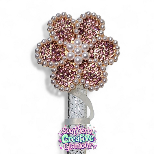 Antique pink, gold, pearl beaded flower 10mm straw topper by Southern Creative Glamour