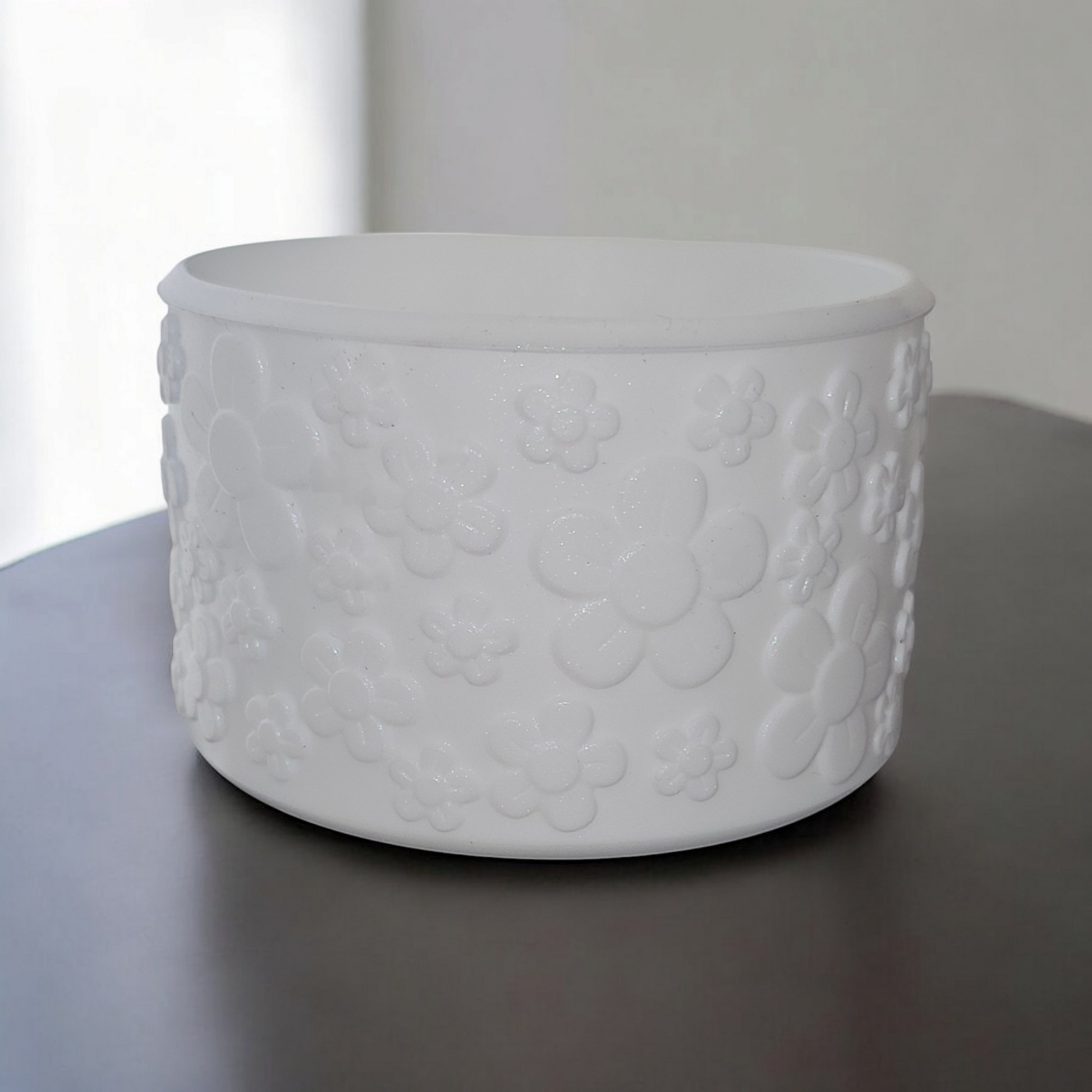 Pearl White Shimmer Flowers textured silicone tumbler boot. Fits 32oz-40oz Tumblers. 