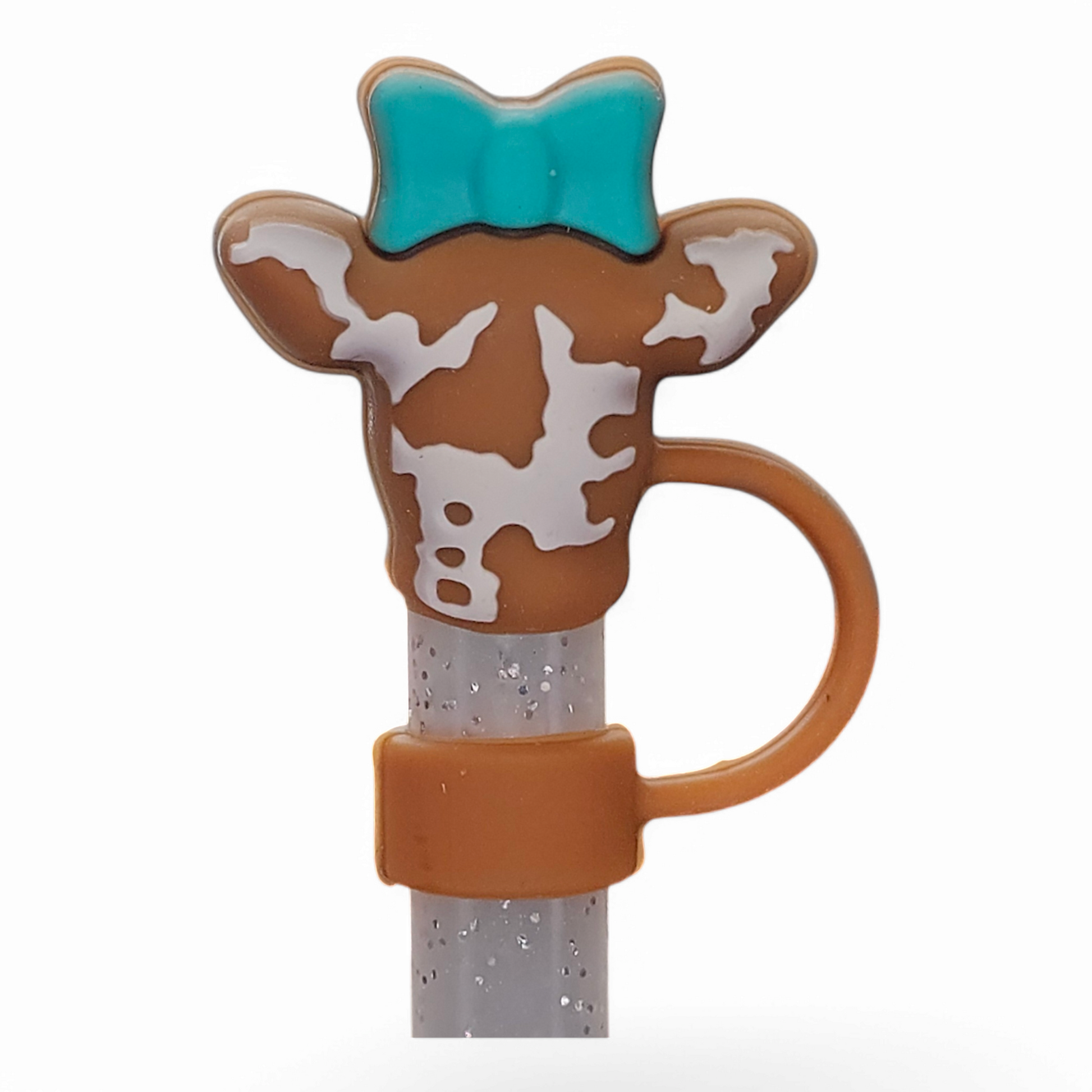 Side One: Brown and White cow wearing a Teal Bow Tie 3D Silicone Straw Topper  - Straw Cover  - Straw Cap. Fits 10mm and Stanley Straws. 