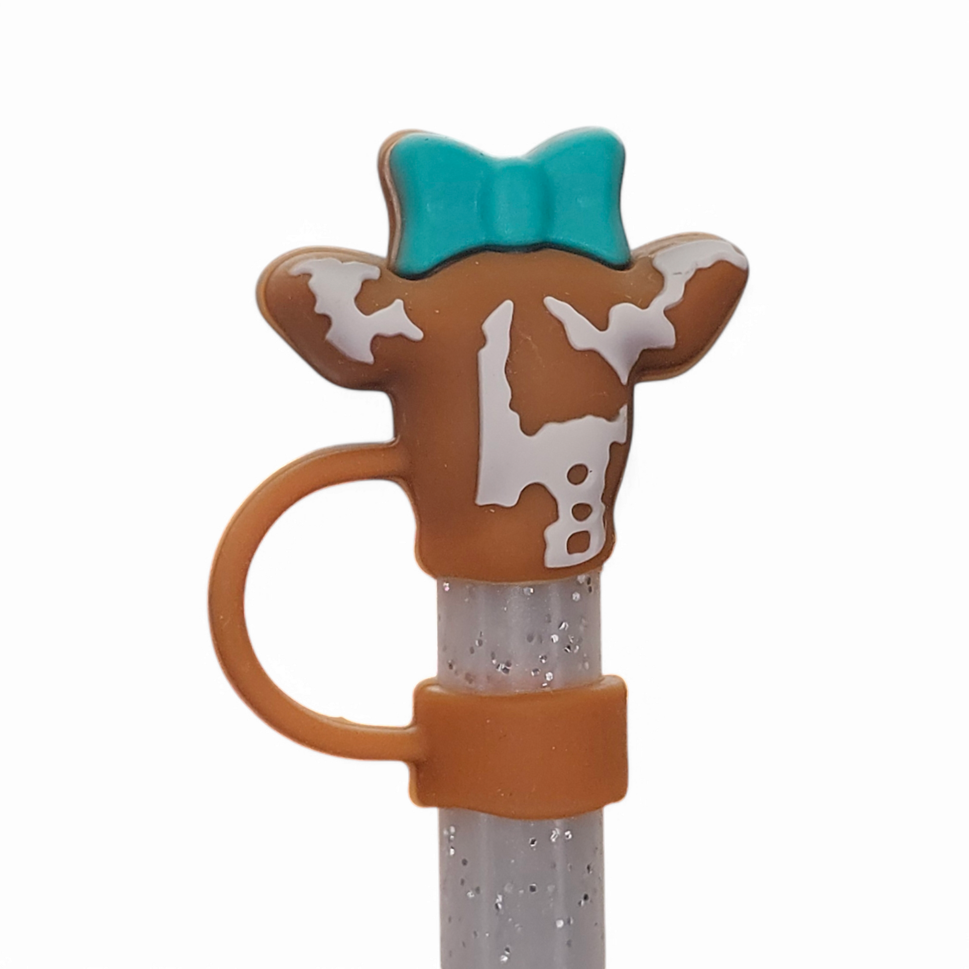 Side two: Brown and White cow wearing a Teal Bow Tie 3D Silicone Straw Topper  - Straw Cover  - Straw Cap. Fits 10mm and Stanley Straws. 