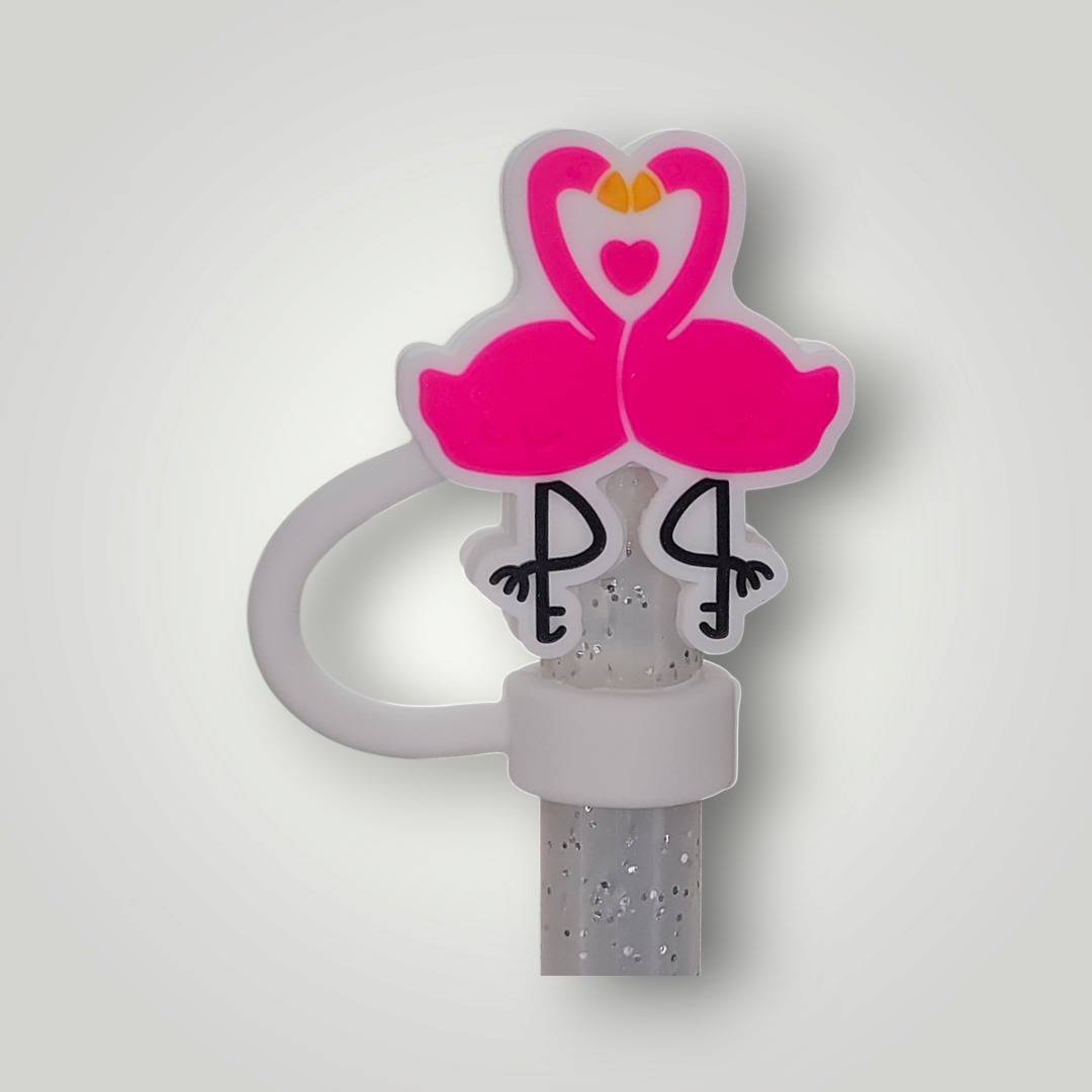 Hot Pink Kissing Flamingos Valentine's Day 3D Silicone Straw Topper. Fits 10mm Straw