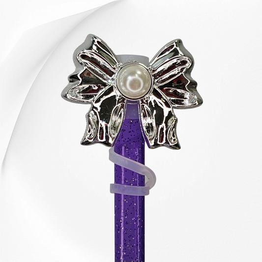 Silver Pearl Coquette Bow Straw Topper  - Straw Cover. Fits 10mm and Stanley tumbler straws. 