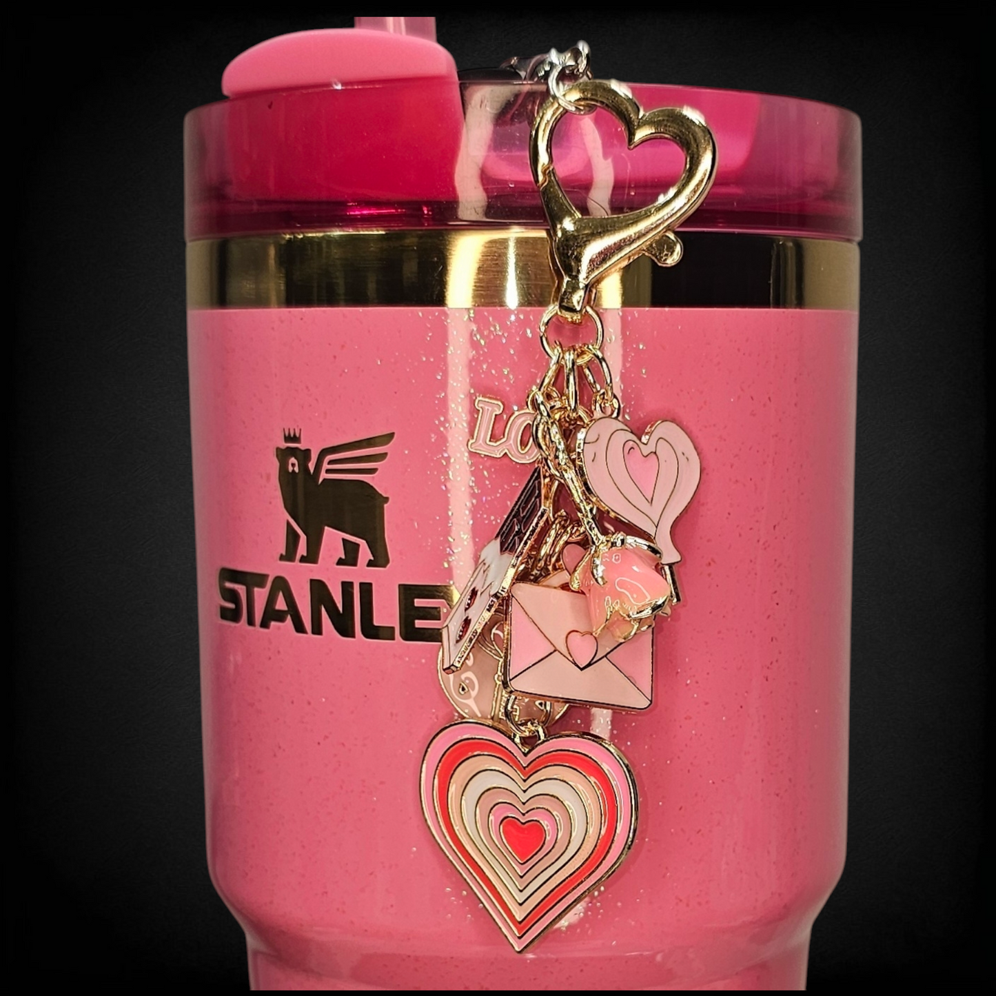 Valentine's Day Love Letter Tumbler Straw Charm. Imaged with the Stanley Wicked Glinda Tumbler. 