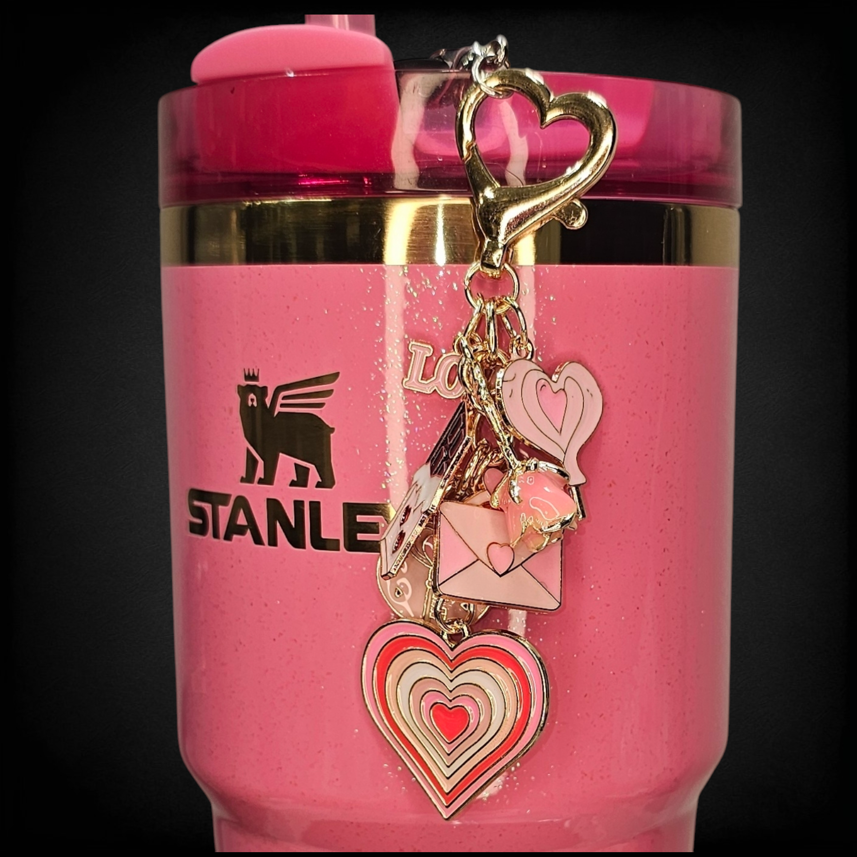 Valentine's Day Love Letter Tumbler Straw Charm. Imaged with the Stanley Wicked Glinda Tumbler. 