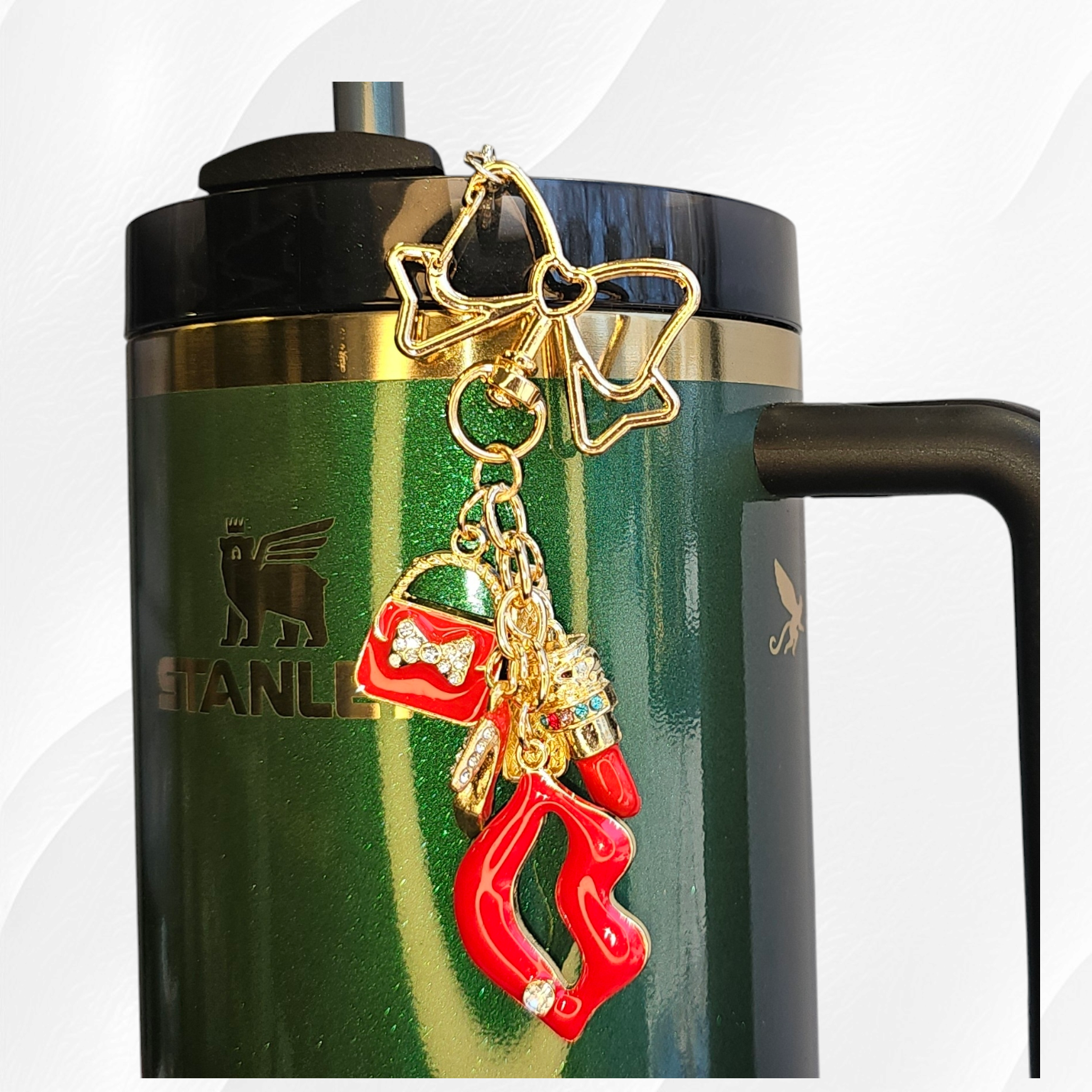 Red, Black, and Gold Classy Diva Charm Pendant with Ruby Red Lips, Ruby Red Lipstick, Ruby Red Fingernail Polish, and Ruby Red Purse Charms adorned with diamond jewels.  Used as a tumbler straw charm. 