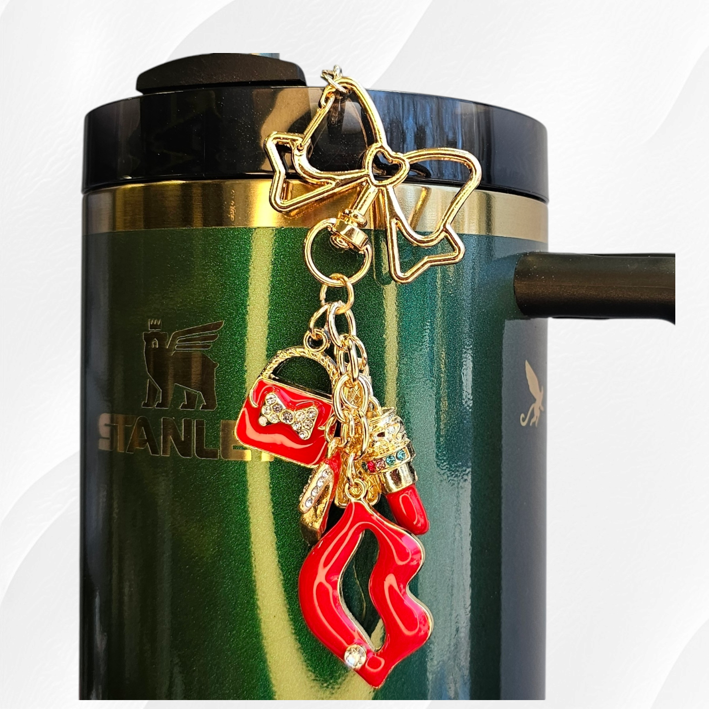 Red, Black, and Gold Classy Diva Charm Pendant with Ruby Red Lips, Ruby Red Lipstick, Ruby Red Fingernail Polish, and Ruby Red Purse Charms adorned with diamond jewels.  Used as a tumbler straw charm. 