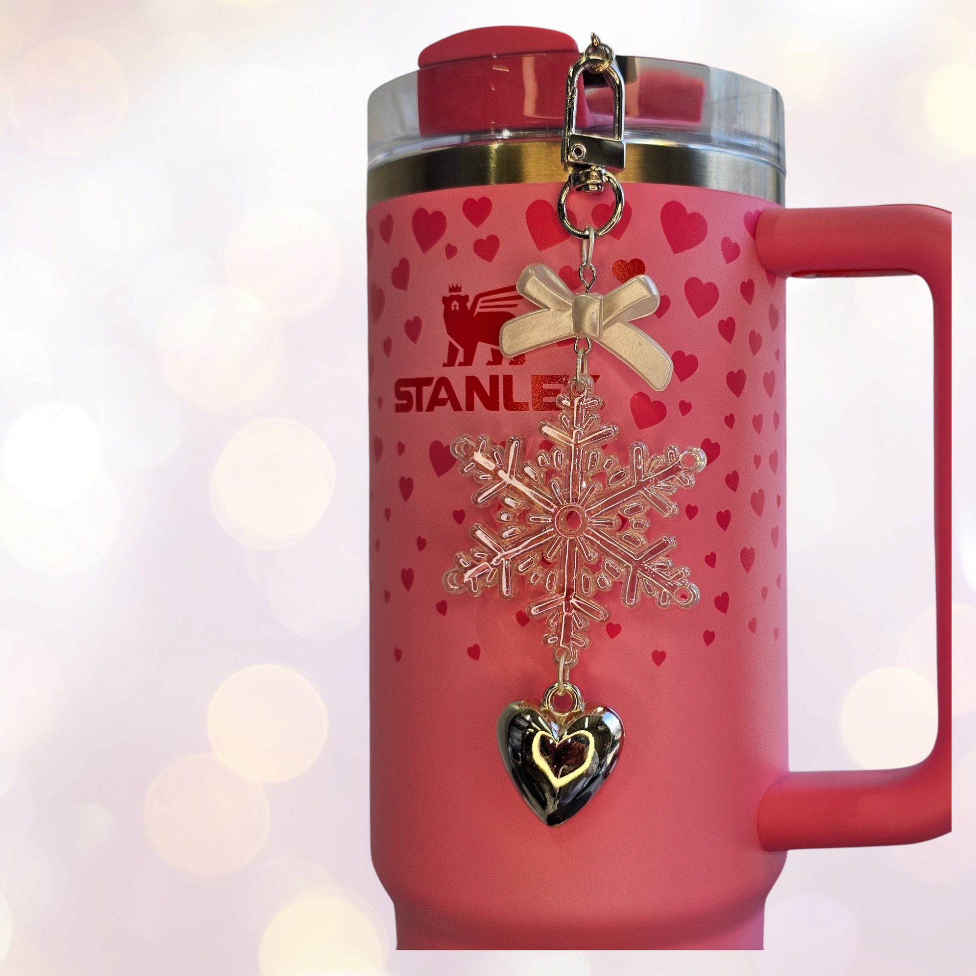 Pearlescent Pink Snowflake, Silver Heart, and White Ribbon Bow Charms for Tumbler Straw. 