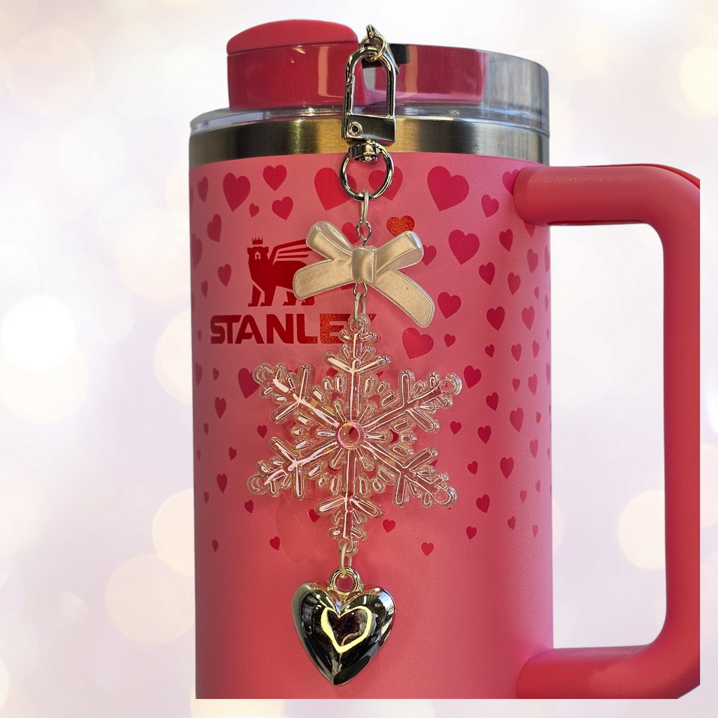 Pearlescent Pink Snowflake, Silver Heart, and White Ribbon Bow Charms for Tumbler Straw. 