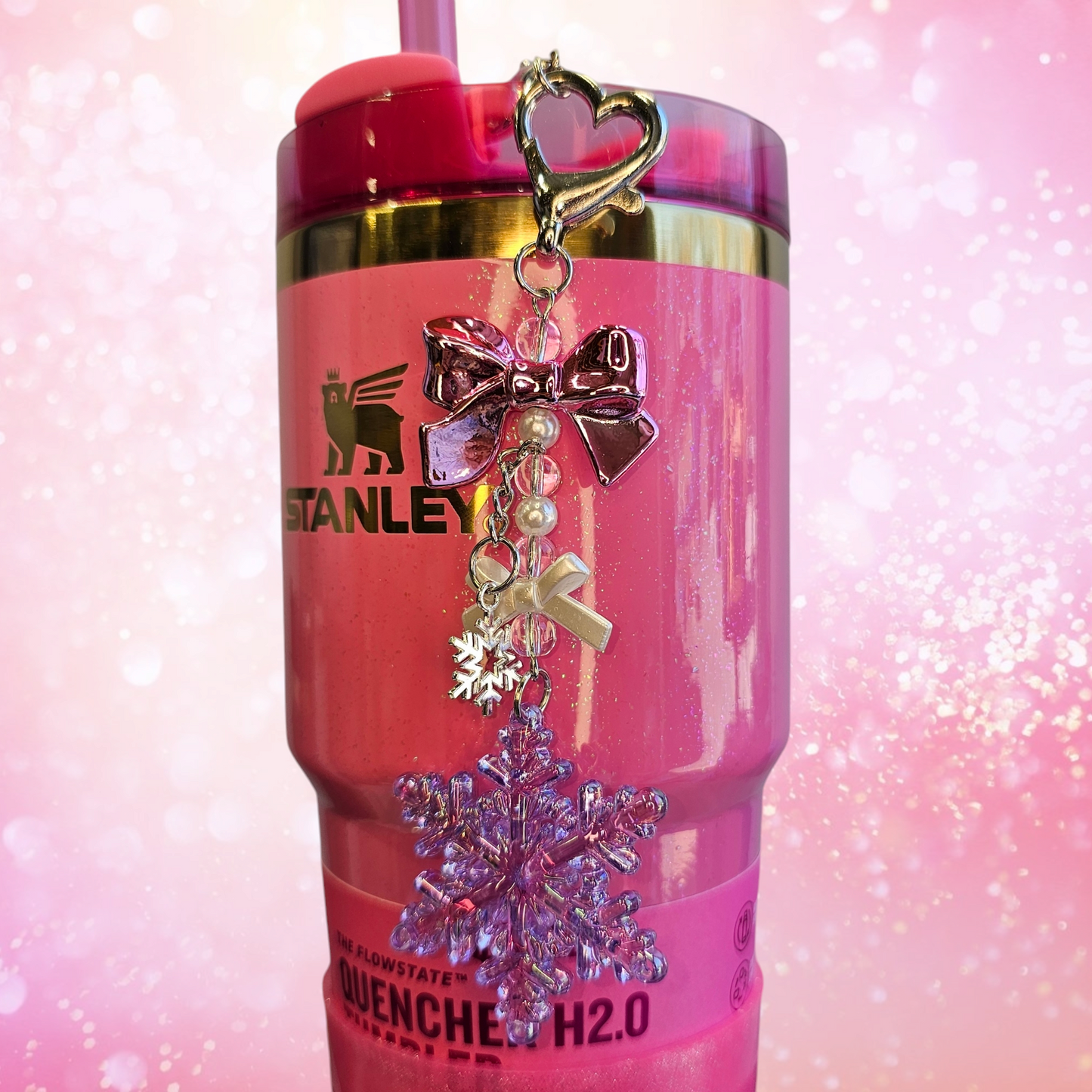 Pearlescent purple Snowflake, Silver Heart, and pink Ribbon Bow Charms for Tumbler Straw. 