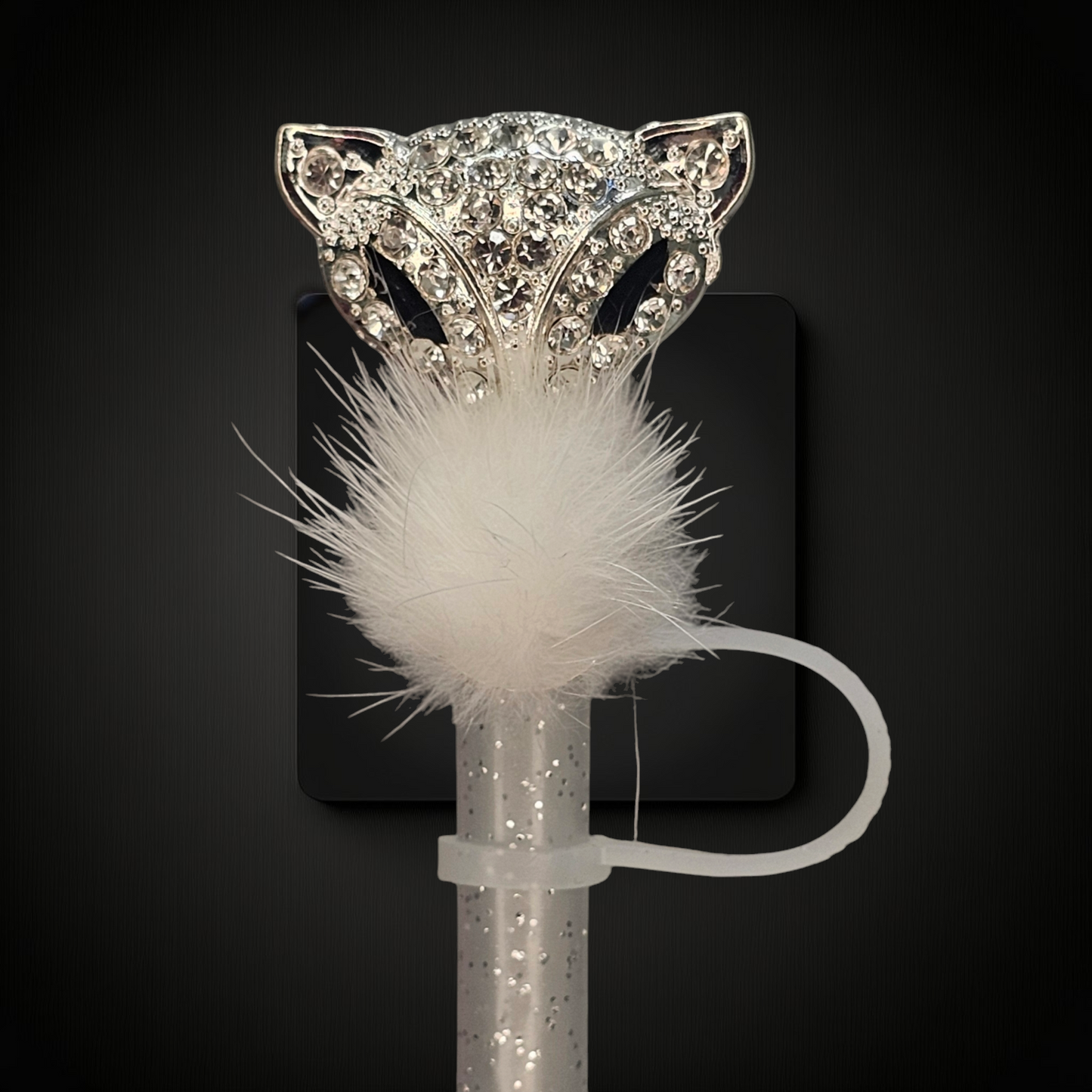 Luxury metal Diamond and Jewel encrusted Silver Mascarade Straw Topper. White diamonds and white bo feathers adorn this beautiful metal straw topper. 