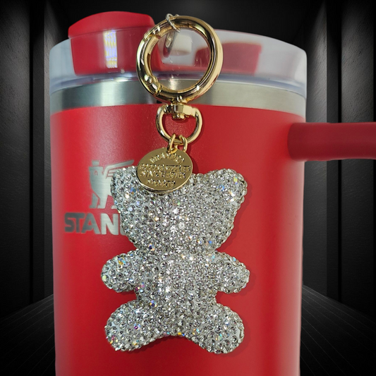 Luxury Silver Glitter Teddy Bear with gold swivel keyring tumbler straw charm. 