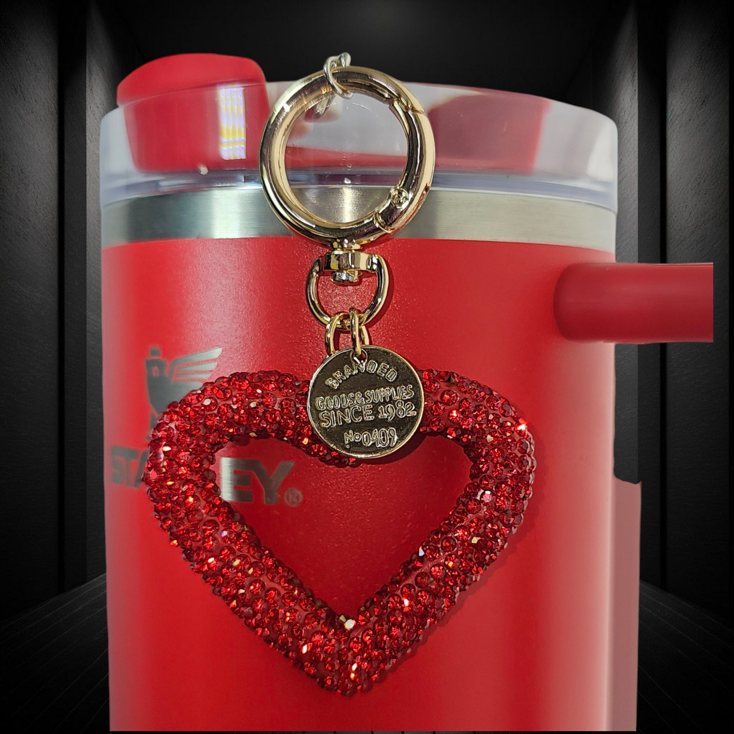 Ruby Red Heart rhinestone glitter heart charm pendant. Use as a tumbler straw charm, purse charm, backpack charm, keychain charm, bag charm. 