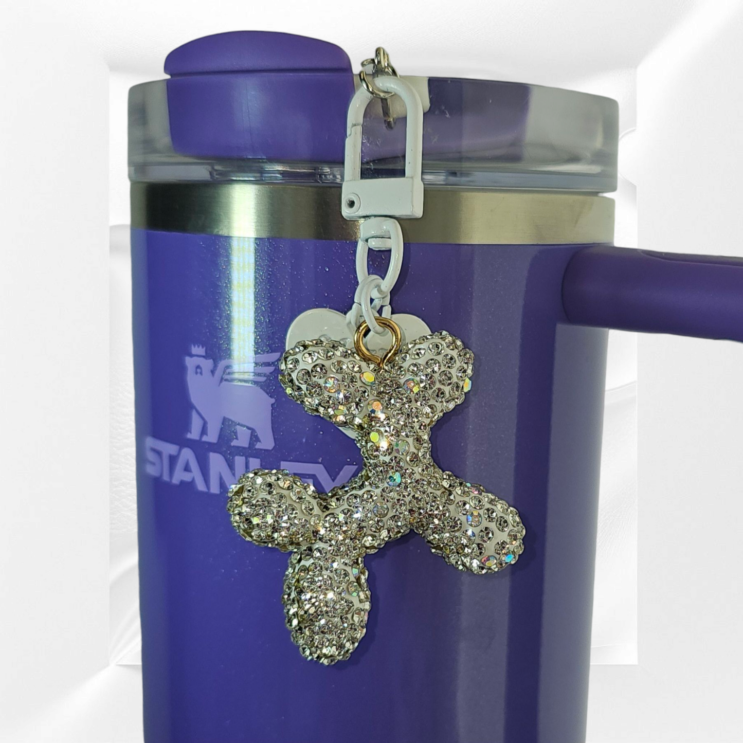 Rhinestone Glitter silver and white balloon dog tumbler charm. 