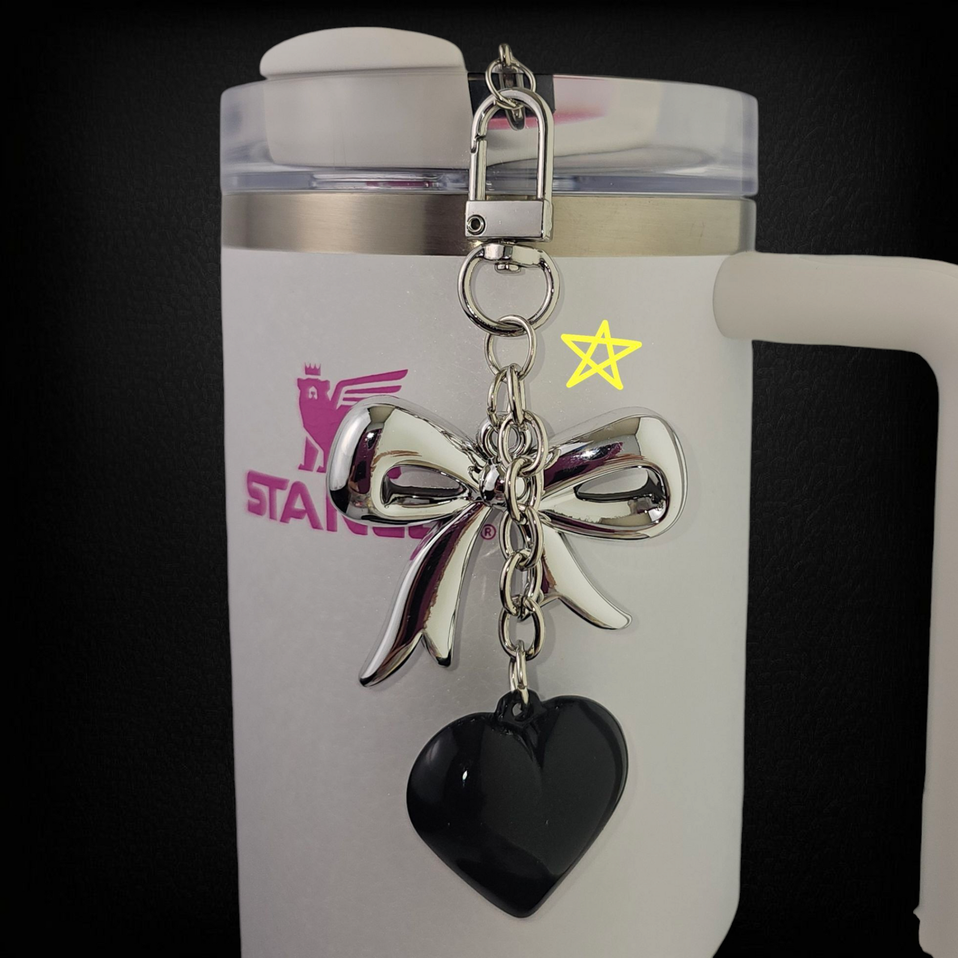 Ribbon Bow and Heary Tumbler Charms  - Silver andBlack. Can also be used as a purse, bag, keychain, backpack, or cellphone charm. Heart has small blemishes. 