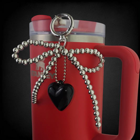 Beaded Ribbon Bow and black Heart Tumbler Charms