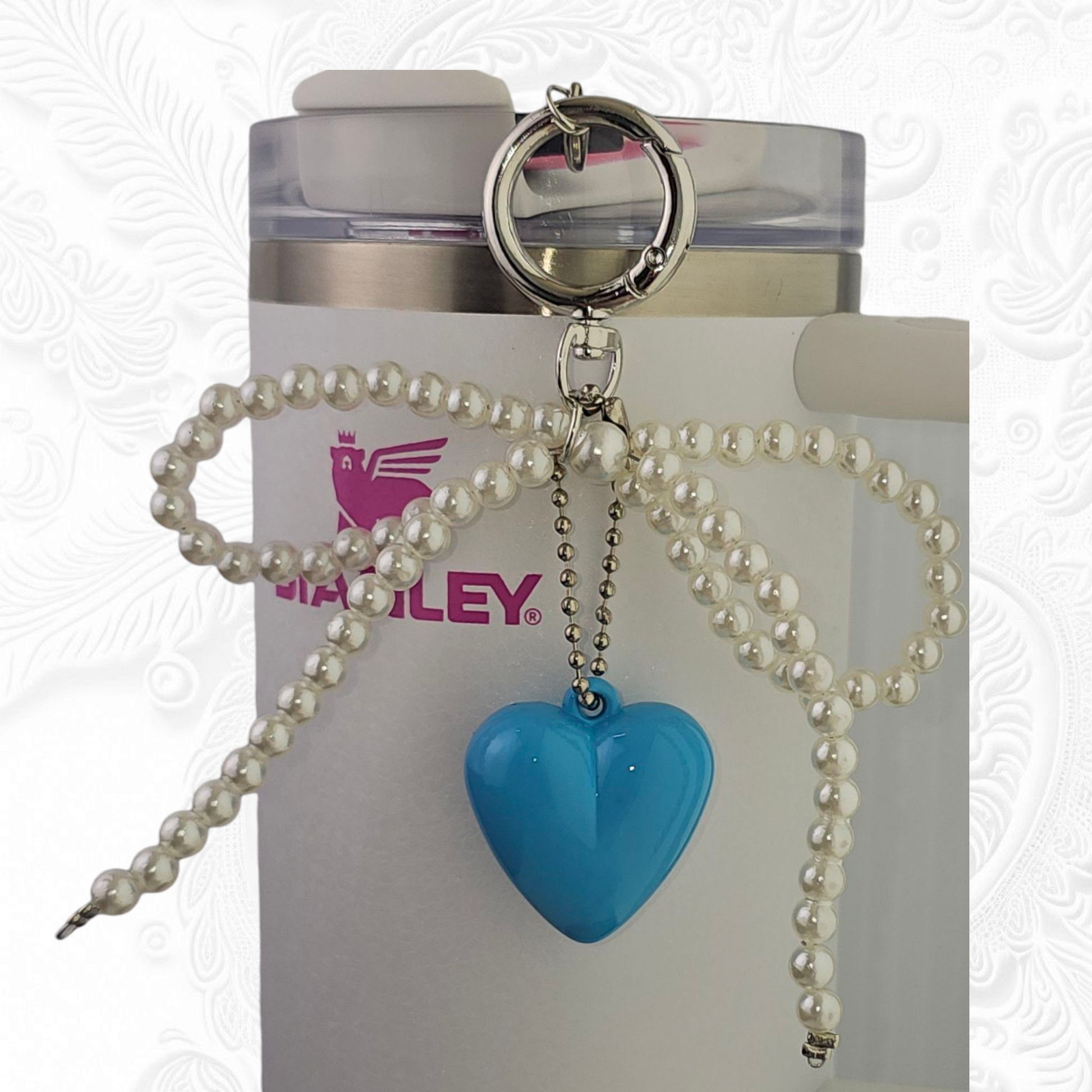 Beaded Ribbon Bow and Blue Heart Tumbler Charms