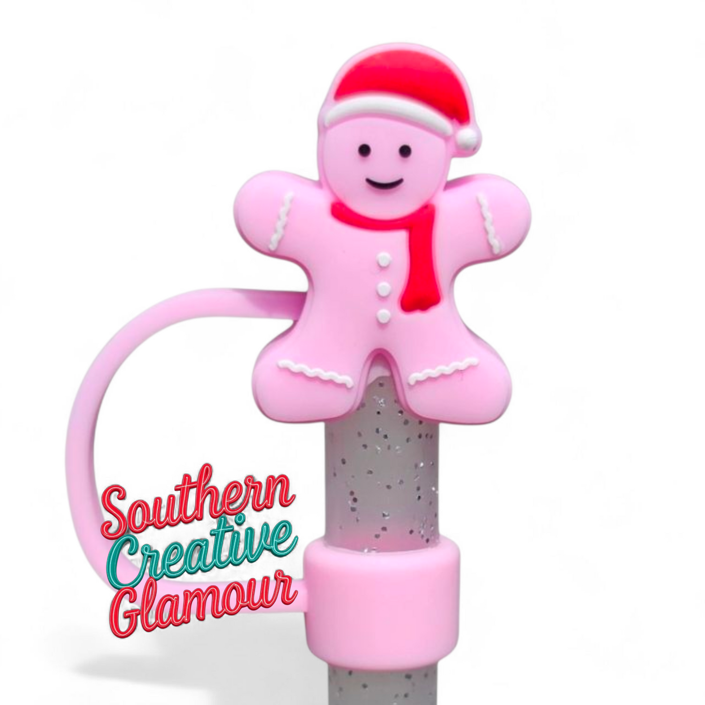 Pink Christmas Gingerbread Man Mini 3D Silicone 10mm Straw Toppers by Southern Creative Glamour 